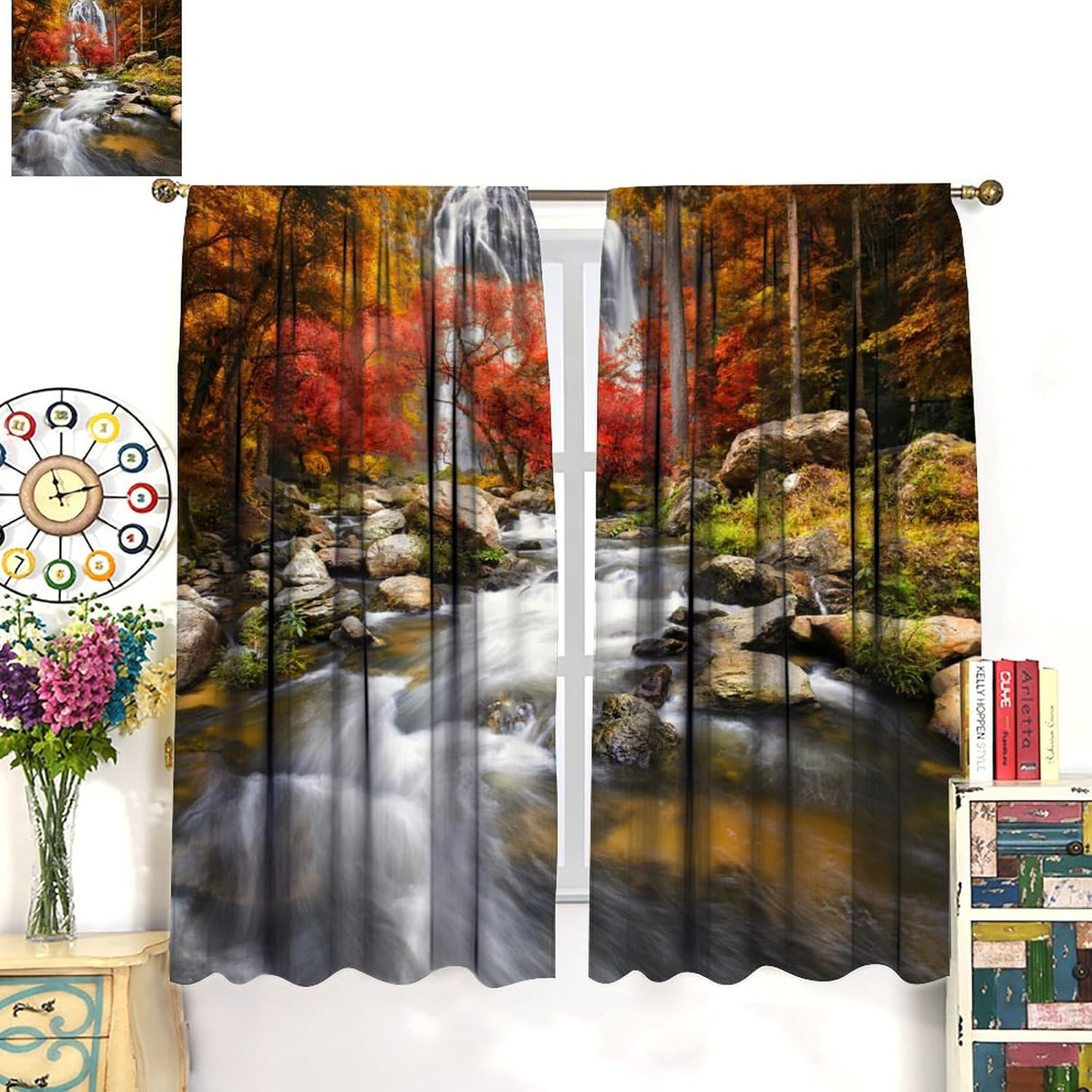 Natural Waterfall Curtains, Mountain Forest Landscape Waterfall Themed Window Treatments, Bedroom Living Room Kitchen Blackout Noise Reducing Curtains 21" W x 63" L