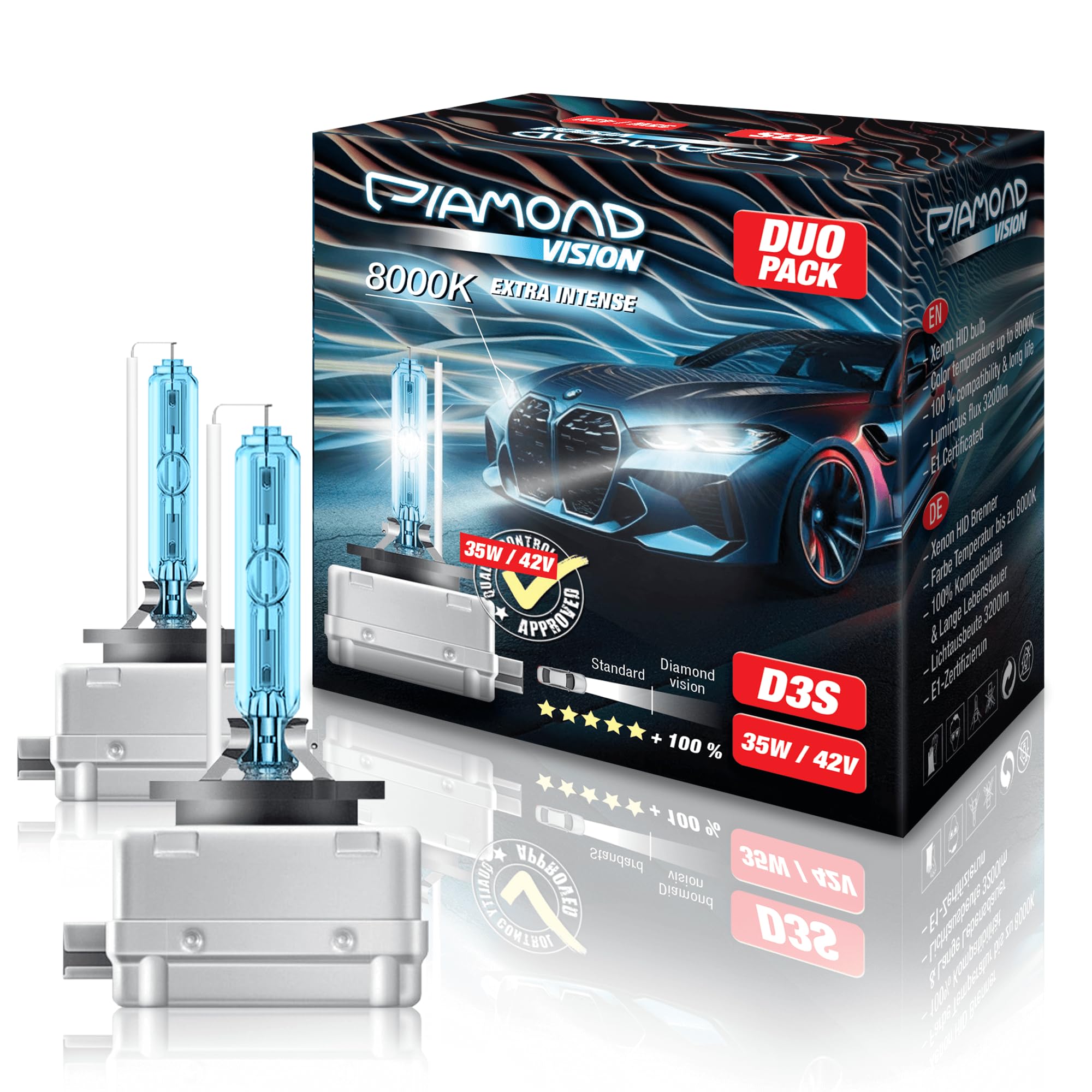 Diamond Vision 2x D3S 42V 35W | Xenon Look | Zugelassen & eintragungsfrei | Halogen KFZ Autolampen | 8000k Super Ultra White | HID Bi | Nightbreaker | E-Prüfzeichen | PK32d-5