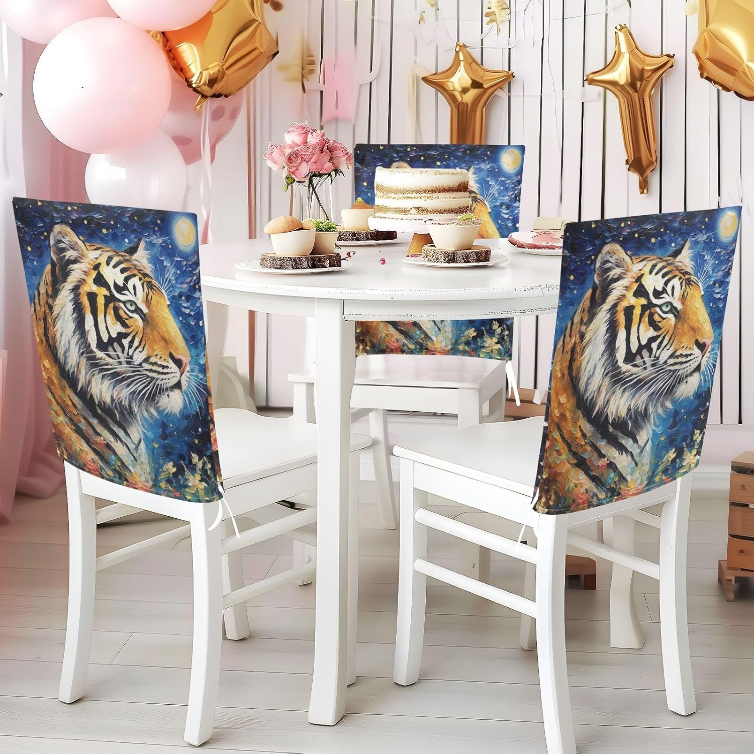ALAZA Tiger in The Starry Night Chair Back Cover Set of 6, Washable Reusable Removable Chair Slipcovers Decorative Chair Cover for Home Kitchen Wedding Party