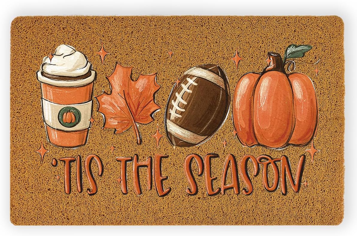 WRSUNT Tis The Season Fall Door Mat Fall Football Pumpkin Front Door Mat Autumn Entrance Rugs for Home Kitchen Autumn Doormat Decorations for Bathroom 17 x 29 inches