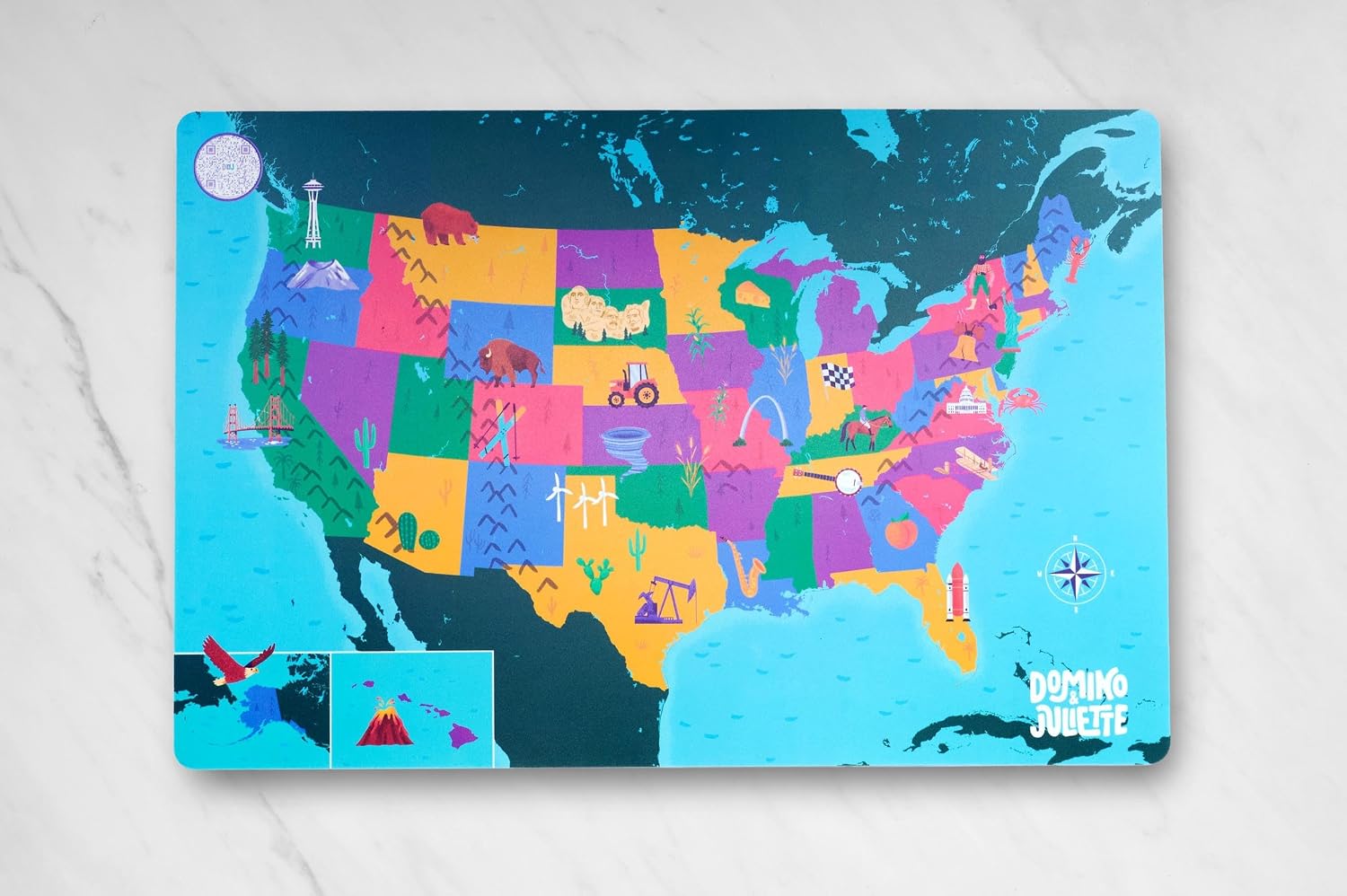 US Geography Placemat - Double Sided Educational 12" x 18" Dining Table Mat for Toddlers - Non Slip, Washable, Reusable Learning Placemat