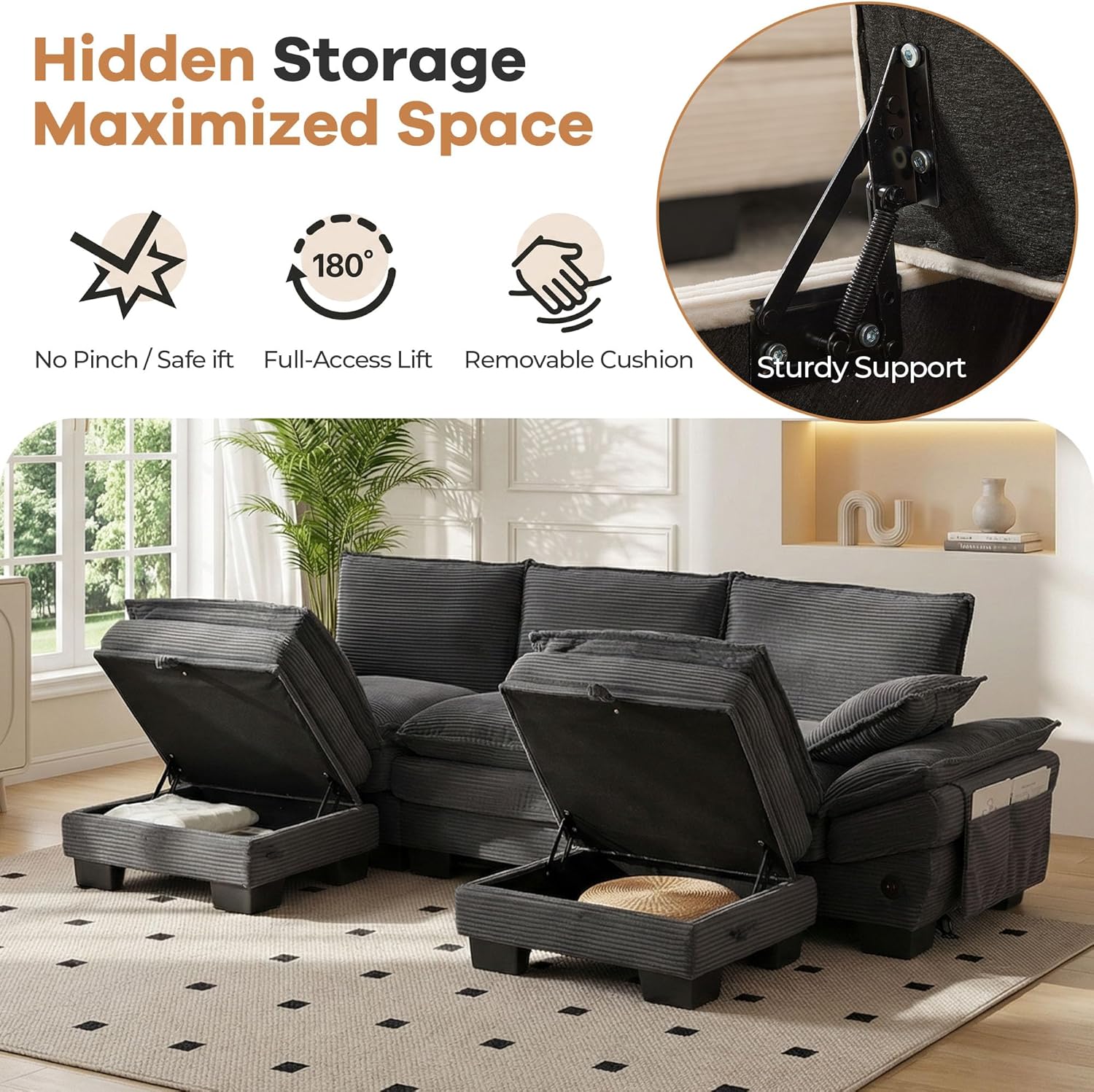 102" U Shaped Couch, Modular Sectional Sofa with Storage Ottoman, Comfy Fluffy Cloud Sectional Couches for Living Room, Modern Modular Sofa with USB Ports (Dark Grey | Cloud-Like Comfort, Flexible, USB Charging Ports, Hidden Storage, Durable