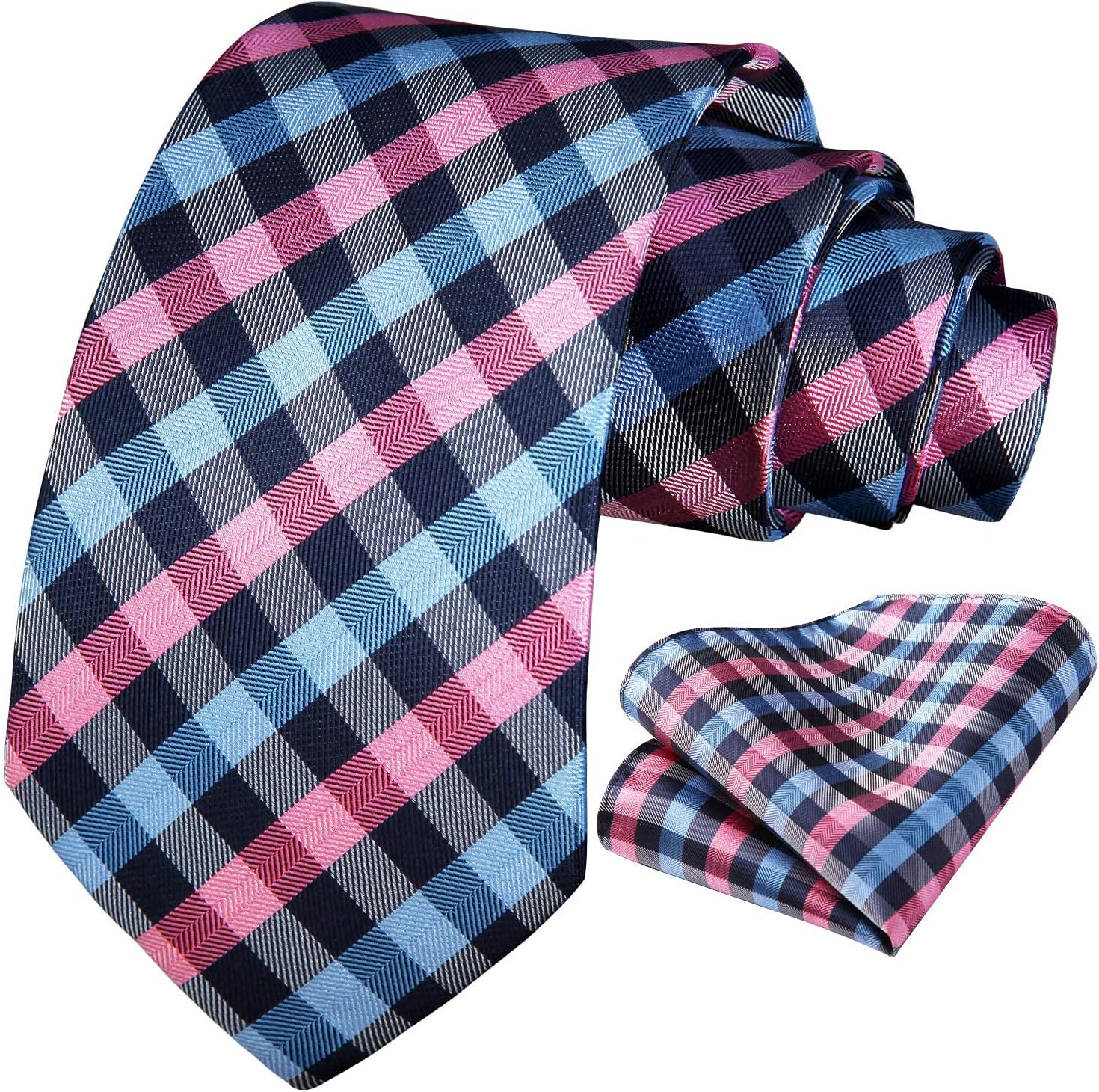 HISDERN Plaid Checkered Tie Handkerchief Woven Classic Formal Men's Necktie & Pocket Square Set - Image 3