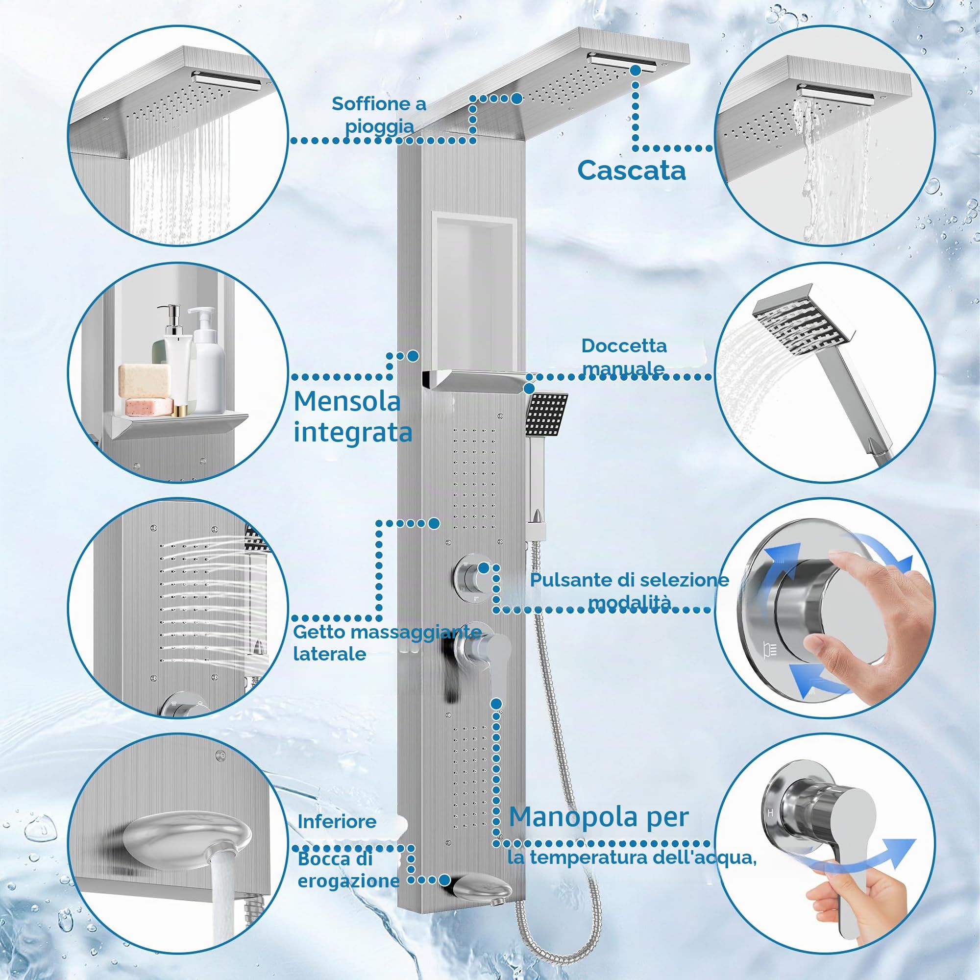 NAIZY Pannello doccia con rubinetto, sistema 5 in 1 con ripiano integrato, set multifunzione con doccetta per massaggio, cascata e pioggia, rubinetto in acciaio inox 304