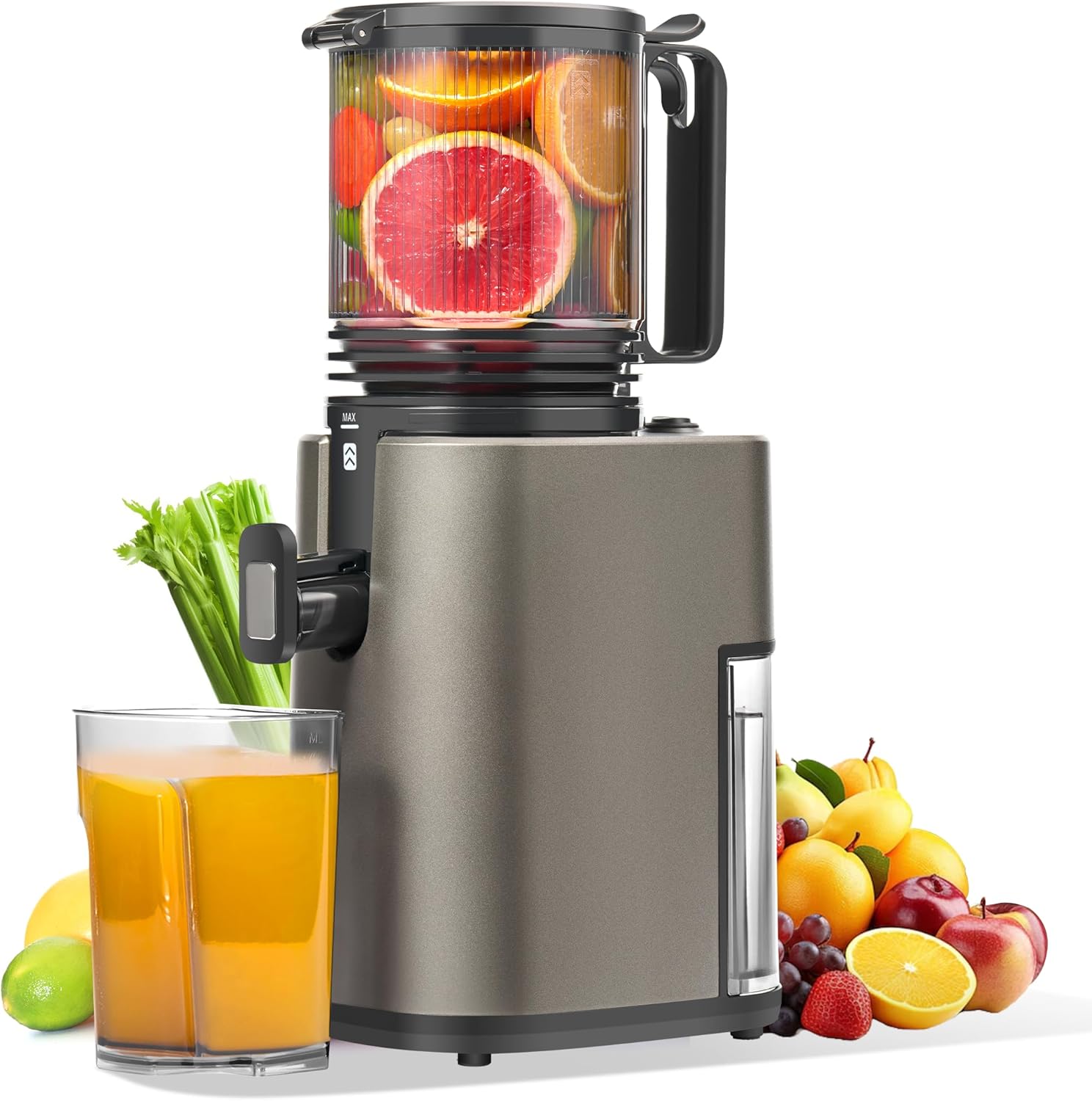 Cold Press Juicer, 5.4″ Wide Feed Chute Juicer Machines for Vegetable and Fruit, Slow Masticating Juicer with AC Moter, Easy to Clean, AC-Grey