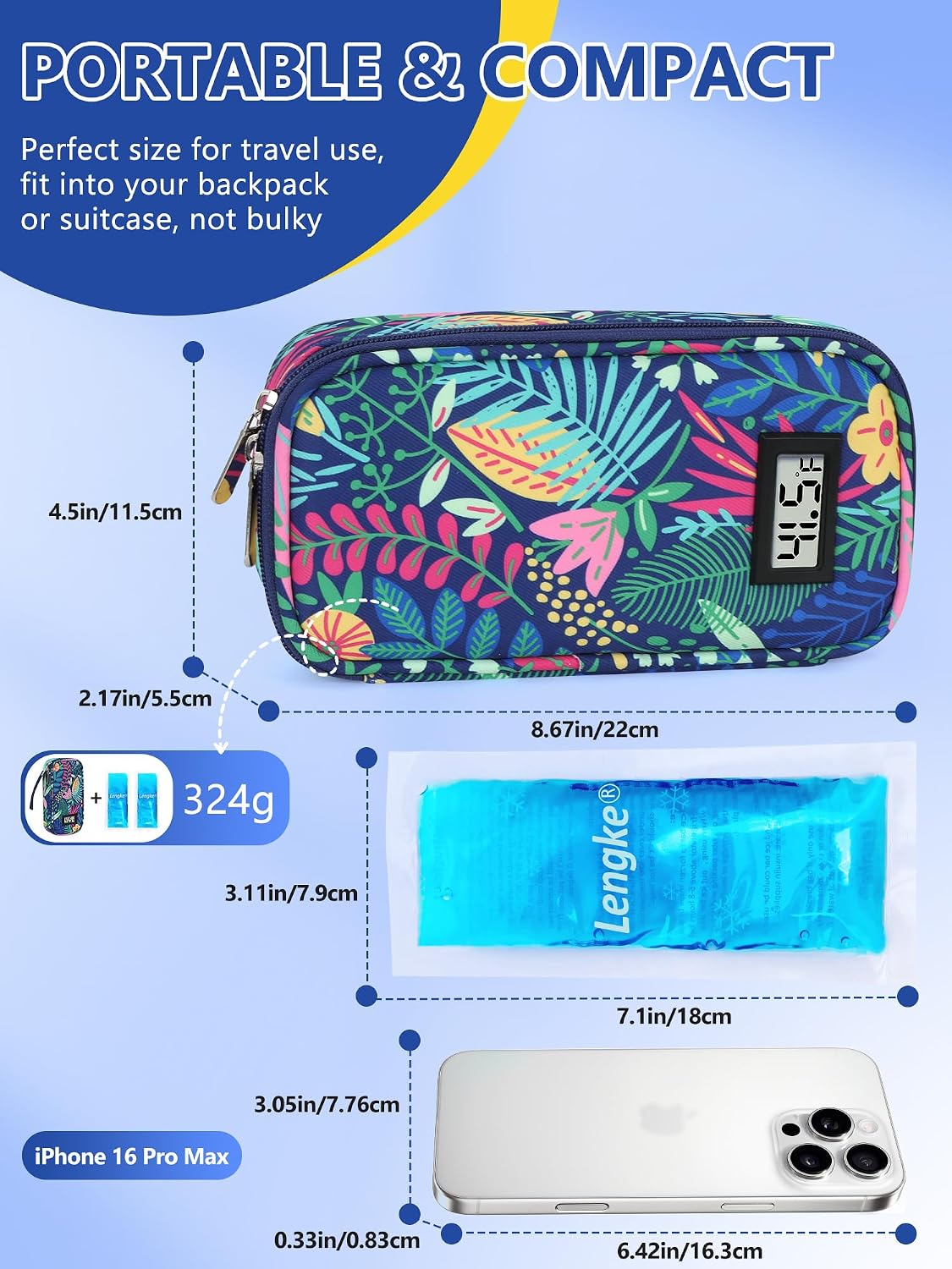 YOUSHARES Insulin Cooler Travel Case - TSA Approved Diabetic Medication Pen Cooling Bag with Temperature Display, Refrigerated Peptide Supplies Organizer Insulated Storage Kit with 2 Ice Pack
