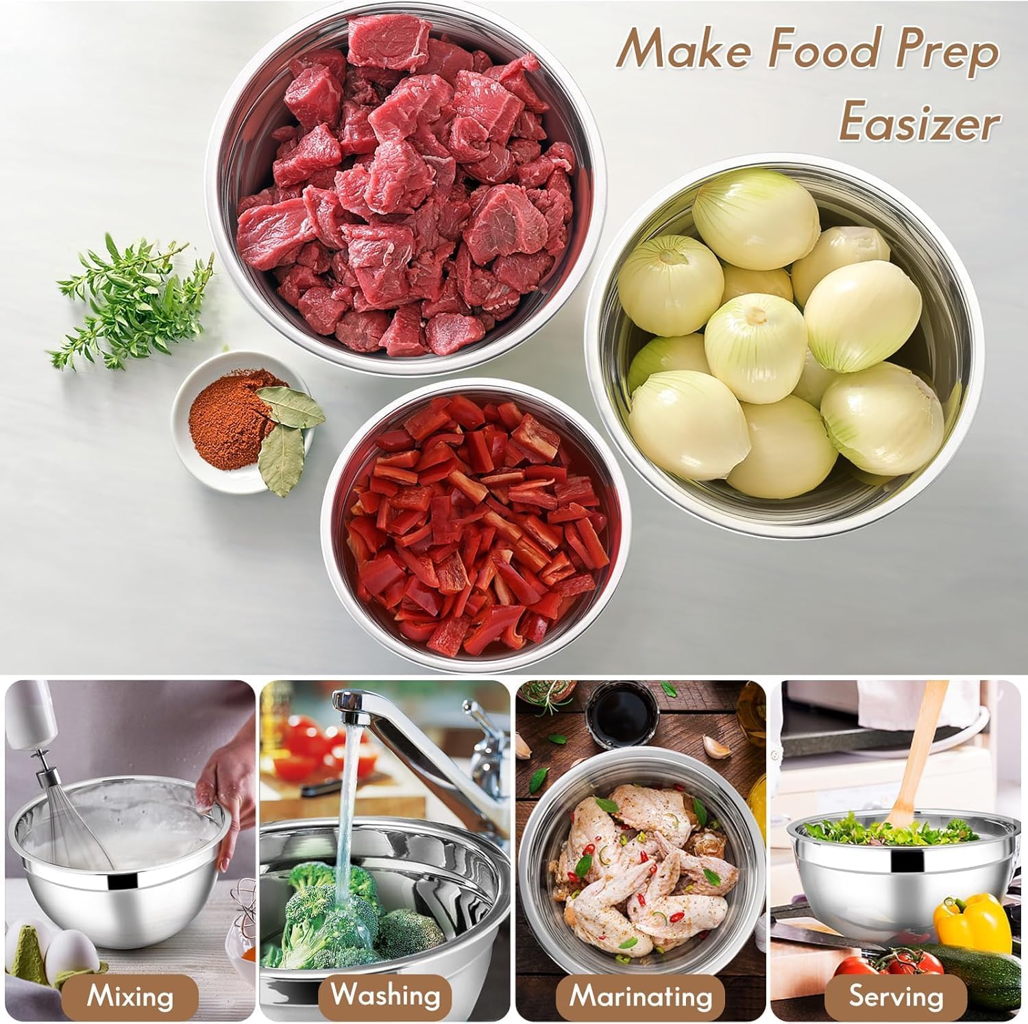 Mixing Bowls with Lids Set of 5, Vesteel Stainless Steel Mixing Bowls Metal Nesting Salad Bowls, Size 4.5, 3, 1.5, 1, 0.7 QT Great for Cooking, Baking, Serving - Khaki