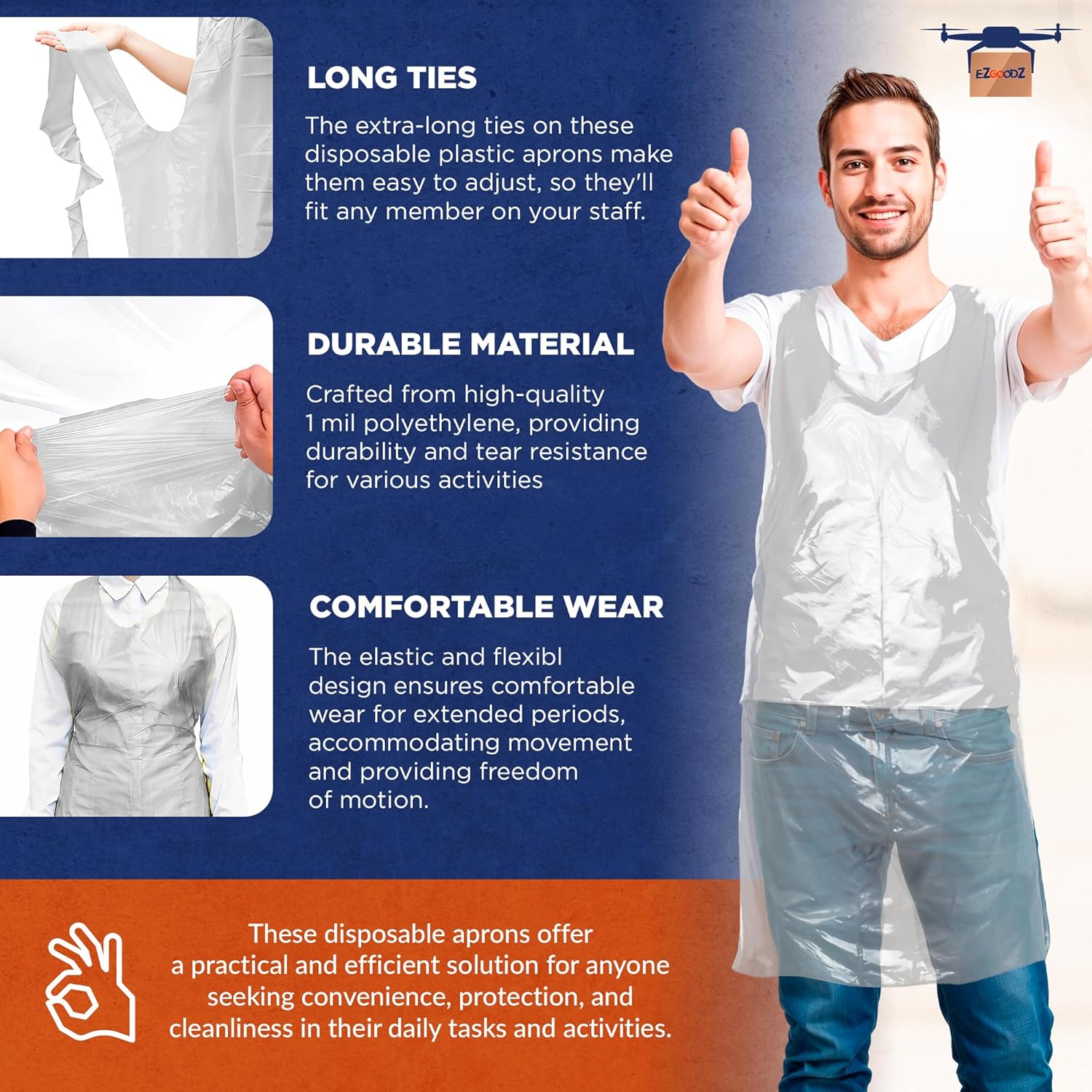 EZGOODZ Disposable Plastic Aprons for Adults, 28 x 46 Inch. Pack of 1000 White Disposable Aprons Adults for Painting. Waterproof Lightweight 1.0 Mil Plastic Apron for Food Service, Cleaning