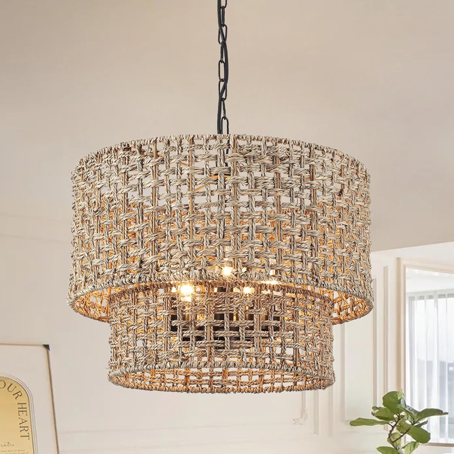 Rattan Chandelier 5-Light Boho Pendant Light Fixture for Dining Room Farmhouse Woven Chandeliers with 2-Tier Natural Rattan Shades Adjustable Ceiling Light Fixtures for Living Room Foyer Coastal,E12 2-Tier Black and Brown