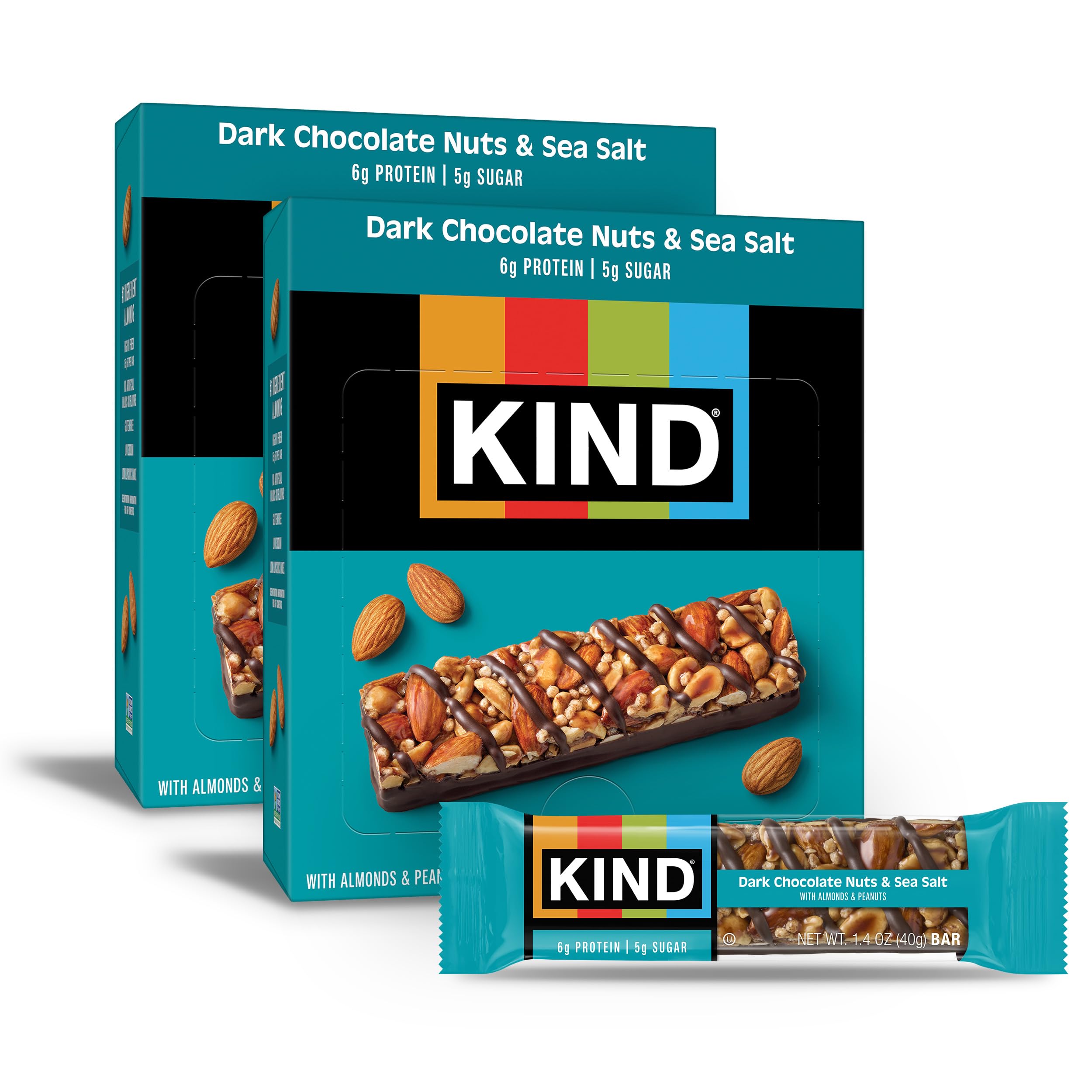 Bars, Dark Chocolate Nuts & Sea Salt, Healthy Snacks, Gluten Free, Low Sugar, 6g Protein, 24 Count