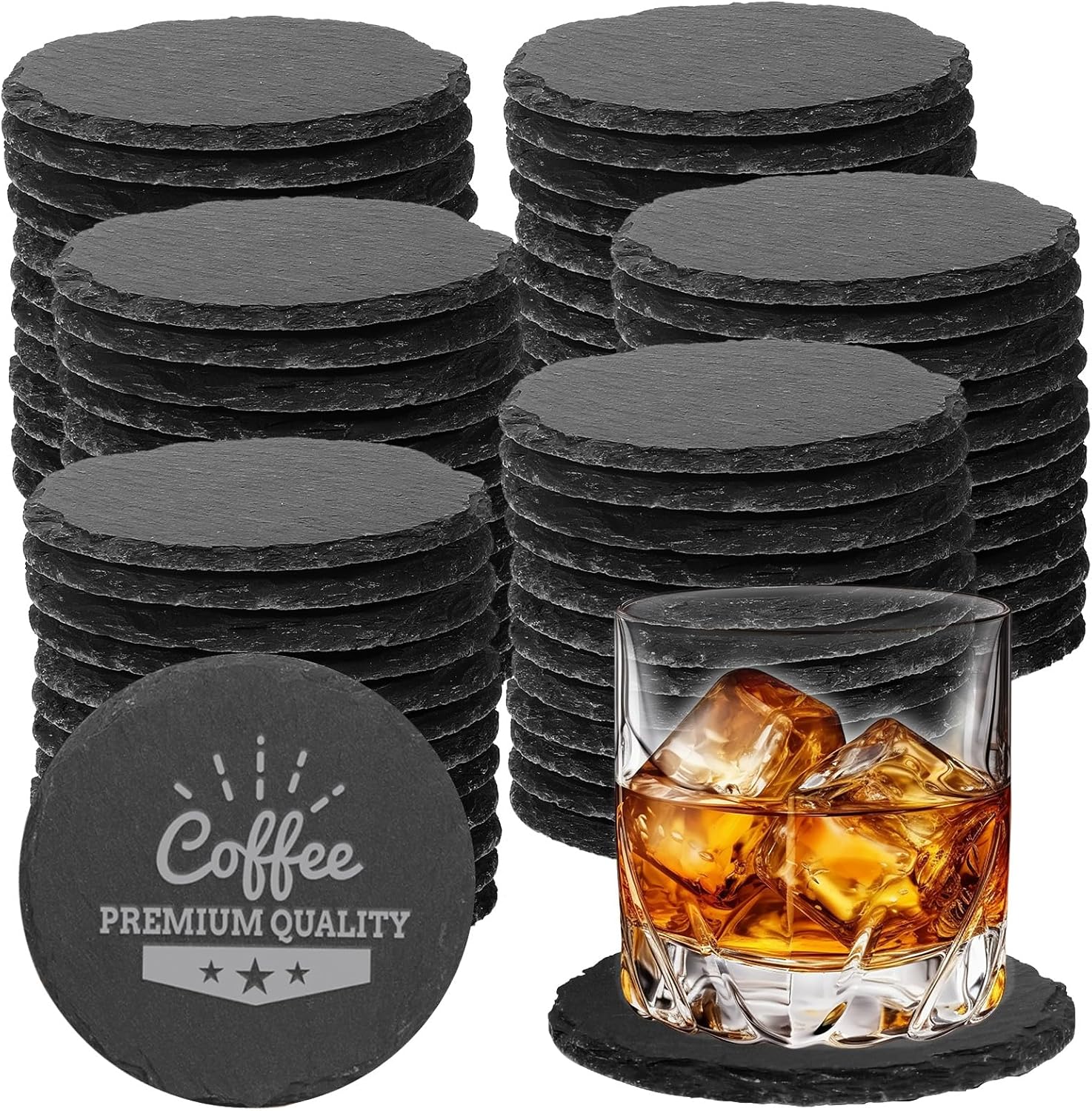 72 PCS Black Natural Slate Coasters Bulk Set 4 Inch Laser Engraving Blanks with Anti Scratch Bottoms for Home, Office, Bar, Gifts Round Coasters