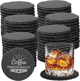 72 PCS Black Natural Slate Coasters Bulk Set 4 Inch Laser Engraving Blanks with Anti Scratch Bottoms for Home, Office, Bar, Gifts Round Coasters
