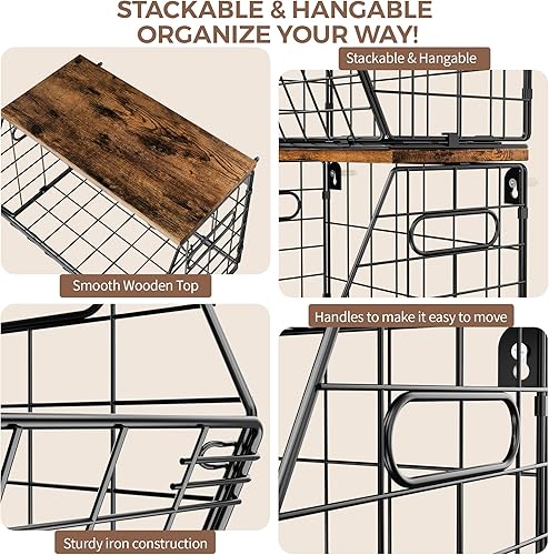 Miniatura 7 de Delamu Cesta de frutas apilable de metal con tapa de madera, paquete de 3, organizador de pared colgante para encimera de cocina, almacenamiento de