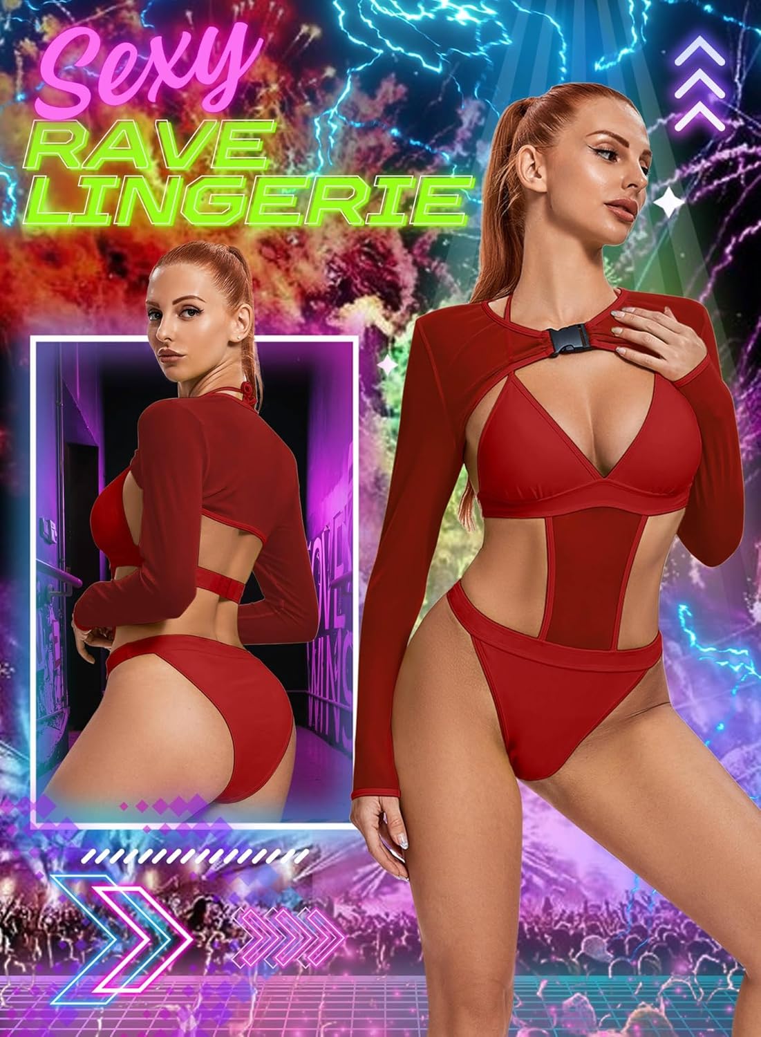 Rave Outfits for Womens - EDC Festival Neon Bodysuit Long Swimsuits Mesh Buckle Shrug Crop Top Club Party 2 Pcs Set - Image 5