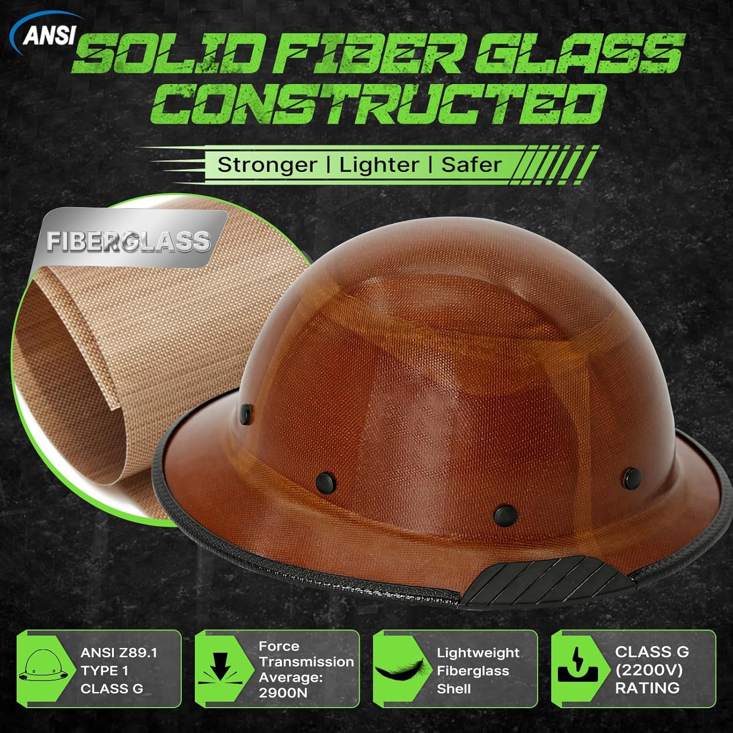 Aolamegs Fiberglass Full Brim Hard Hat - OSHA Approved Construction Safety Helmet Hard Hat with Chin Strap, ANSI Z89.1 Type 1 Class G Brown Fiber Hard Hats with Brim Guard for Men, 8 Point Suspension
