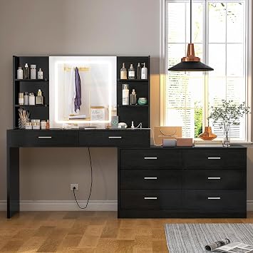 FIONESO Vanity Desk with LED Light Mirror & Power Outlet, 8 Drawers, 6 Storage Shelves, 3 Color Modes & Adjustable Brightness Makeup Vanity, Corner Vanity, L Shape Vanity, 39.4-64.9" Desk, Black
