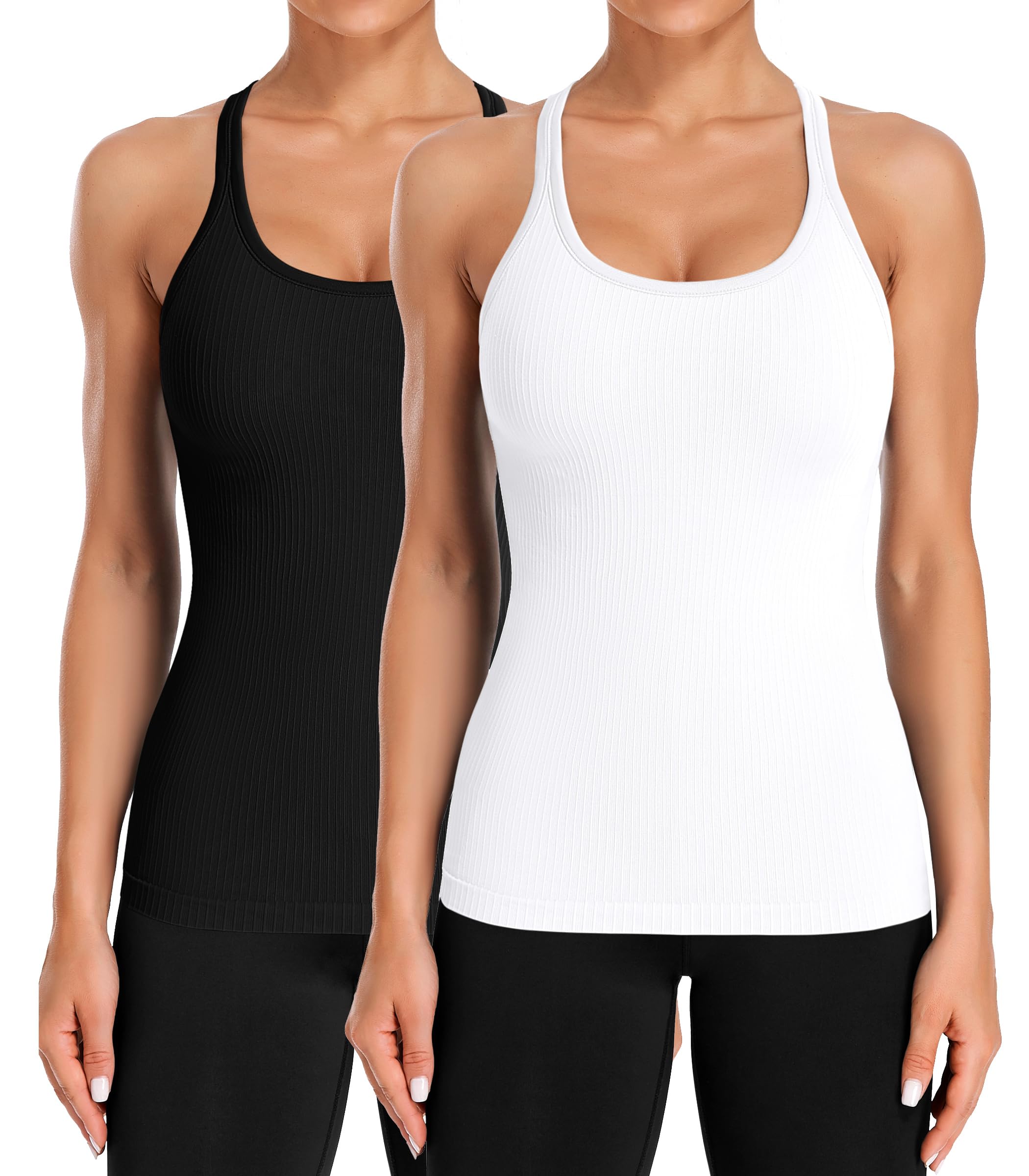 ATTRACO 2 Pack Ribbed Workout Tank Top with Built in Bra for Women Tight Fit Seamless Yoga Top