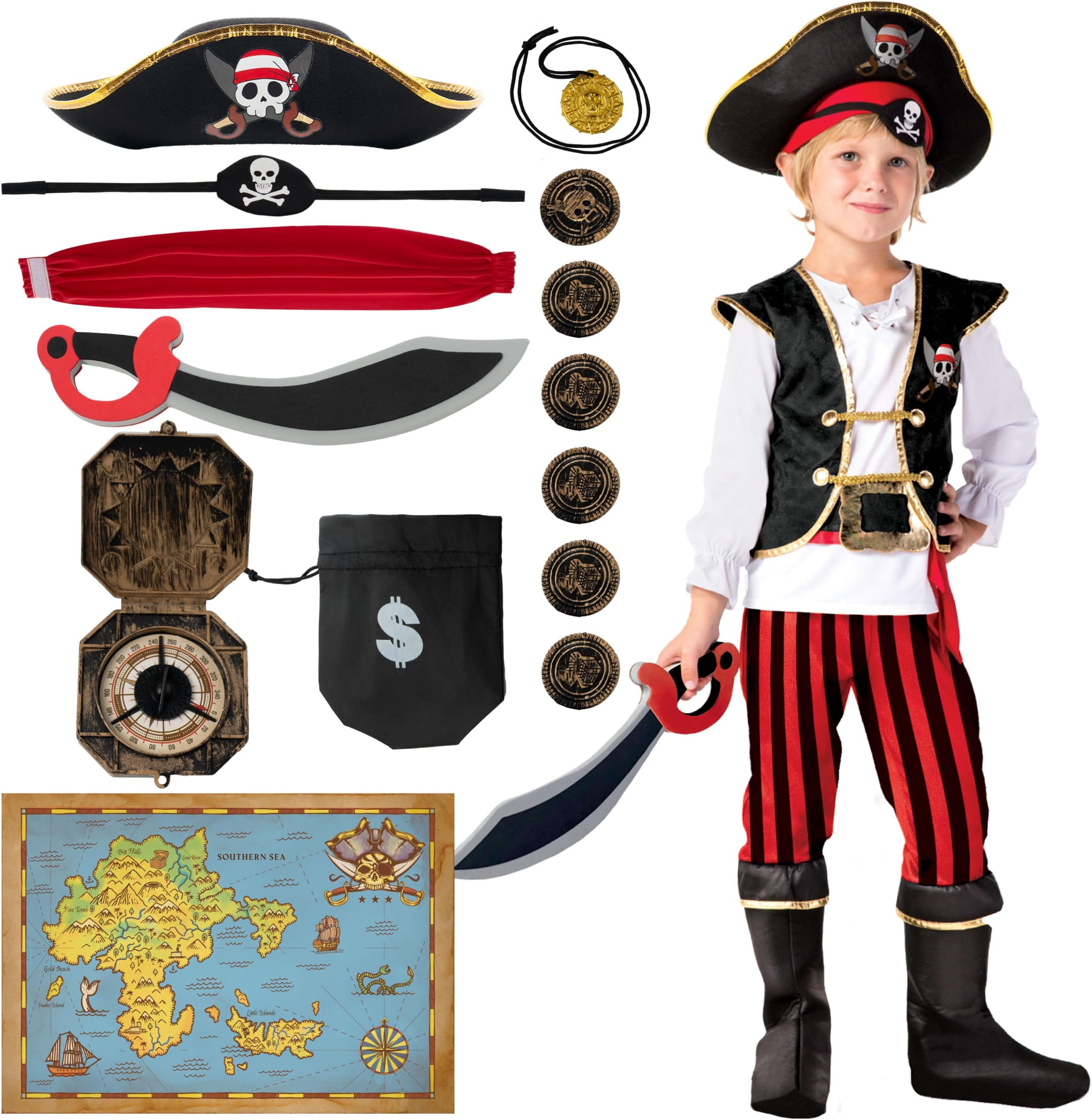 Pirate Costume for Kids, Boys Pirate Outfit Set for Toddler Halloween Pretend Roleplay Themed Party