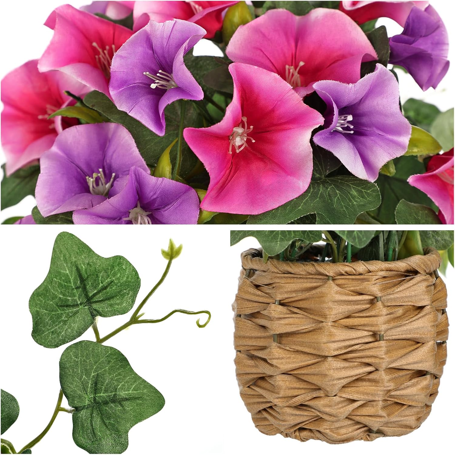 Briful 2 Pack Fake Morning Glory with Handwoven Basket - 8.2" Pink Purple Faux Potted Flowers Silk Floral Table Centerpiece for Home Office Room Shelf Desk Decor