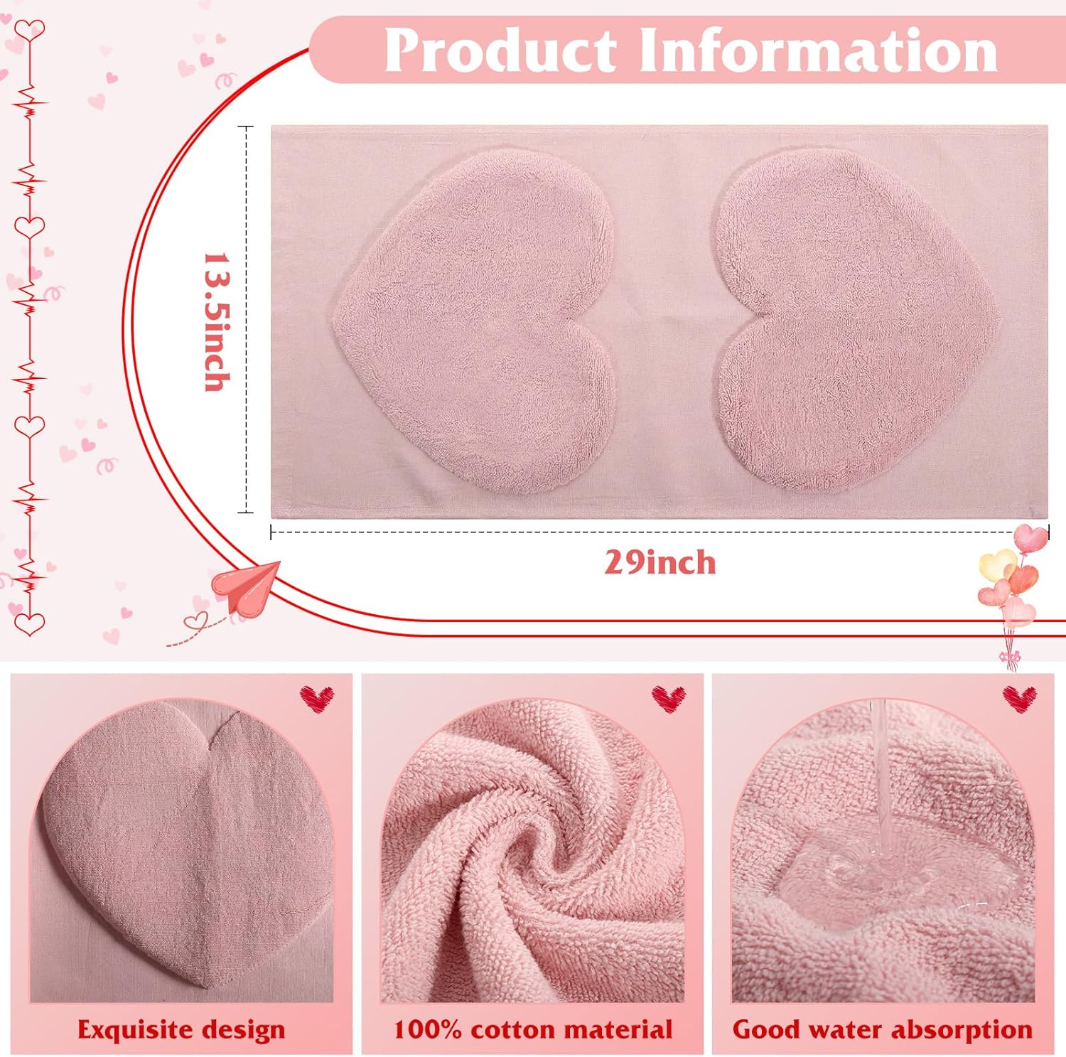 2 Pack Valentines Day Hand Towels Cotton 29 x 13.5 Inches Pink Heart 3D Pattern Bathroom Towel Love Decorative Gift Set Valentines Home Bathroom Decor - Image 2