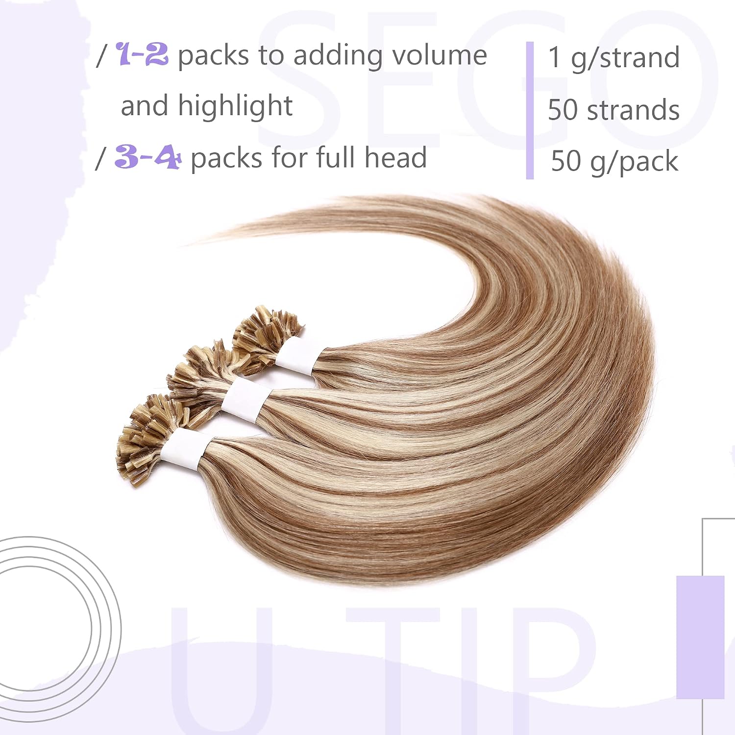 SEGO U Tip Hair Extensions Human Hair Keratin Pre Bonded Hot Fusion Nail Tip Balayage Natural Silky Straight Extensions 50 Strands 50g/Pack -14 Inch Golden Brown&Bleach Blonde