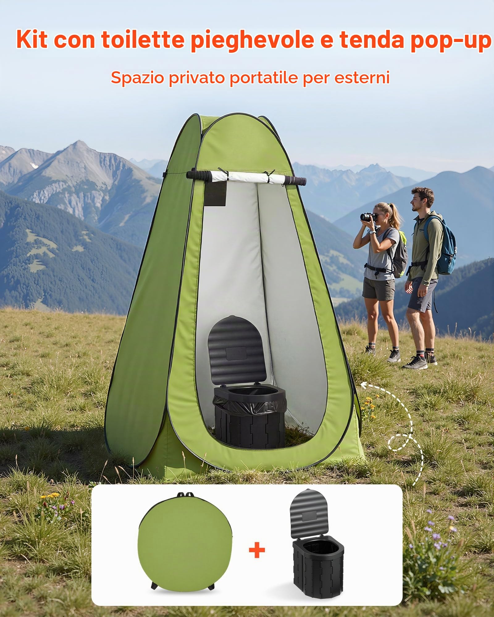 VEVOR Kit WC da Campeggio Pieghevole con Tenda, Toilette da Campeggio Portatile Pieghevole per Campeggio Viaggio Escursionismo Carico max. 150 kg, Borsa da Trasporto Sacchi per Spazzatura