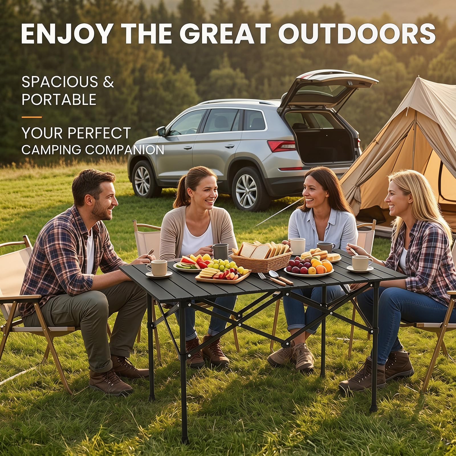 Table de camping pliable, plateau de table enroulable en acier au carbone, portable avec sac de rangement, dimensions 95 x 56 x 50 cm, pour pique-nique, jardin, cuisine, randonnée et voyage