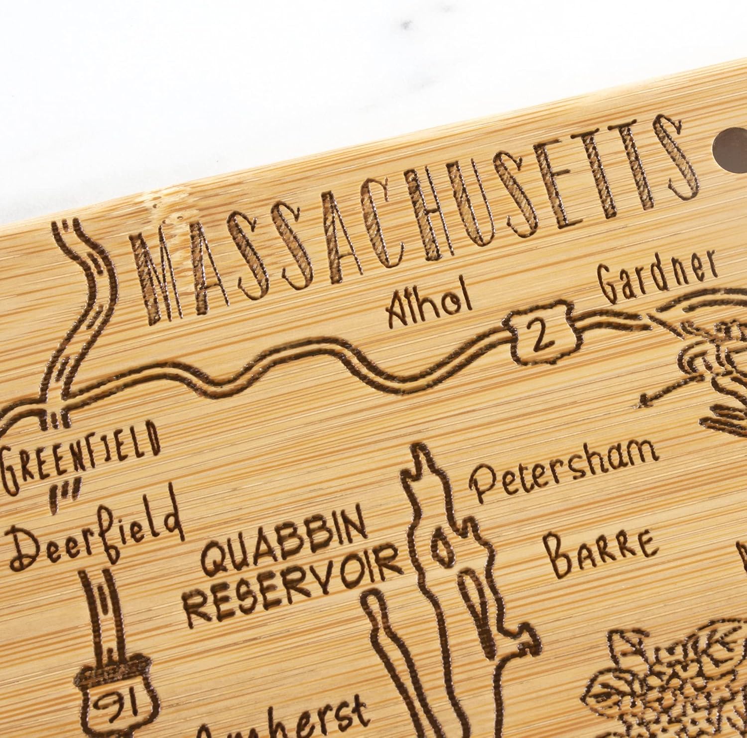 Totally Bamboo Destination Massachusetts State Shaped Serving and Cutting Board, Includes Hang Tie for Wall Display