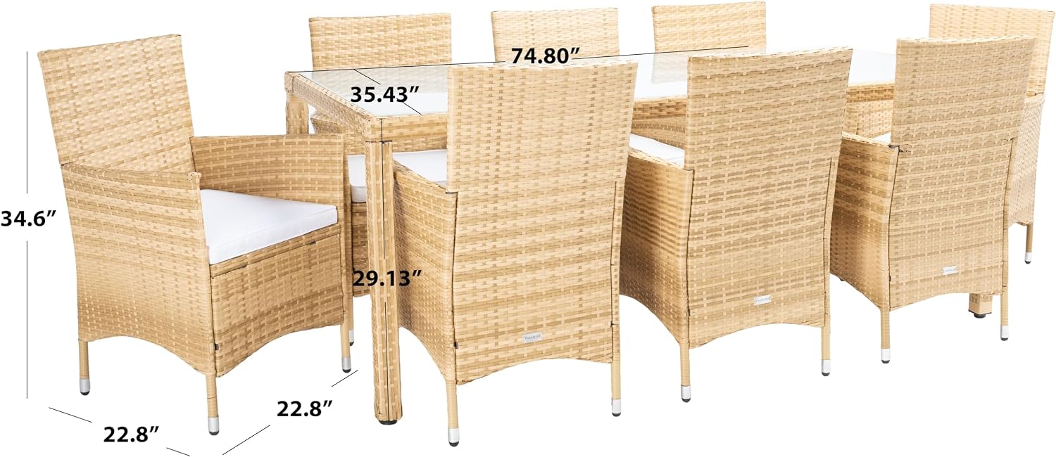 SAFAVIEH Outdoor - Hailee 9-Piece Dining Set - Natural & White - Faux Wicker & Steel Frame - Eight Chairs and Glass-Top Table - Ideal for Patio, Deck, Porch, Backyard (PAT7704D)
