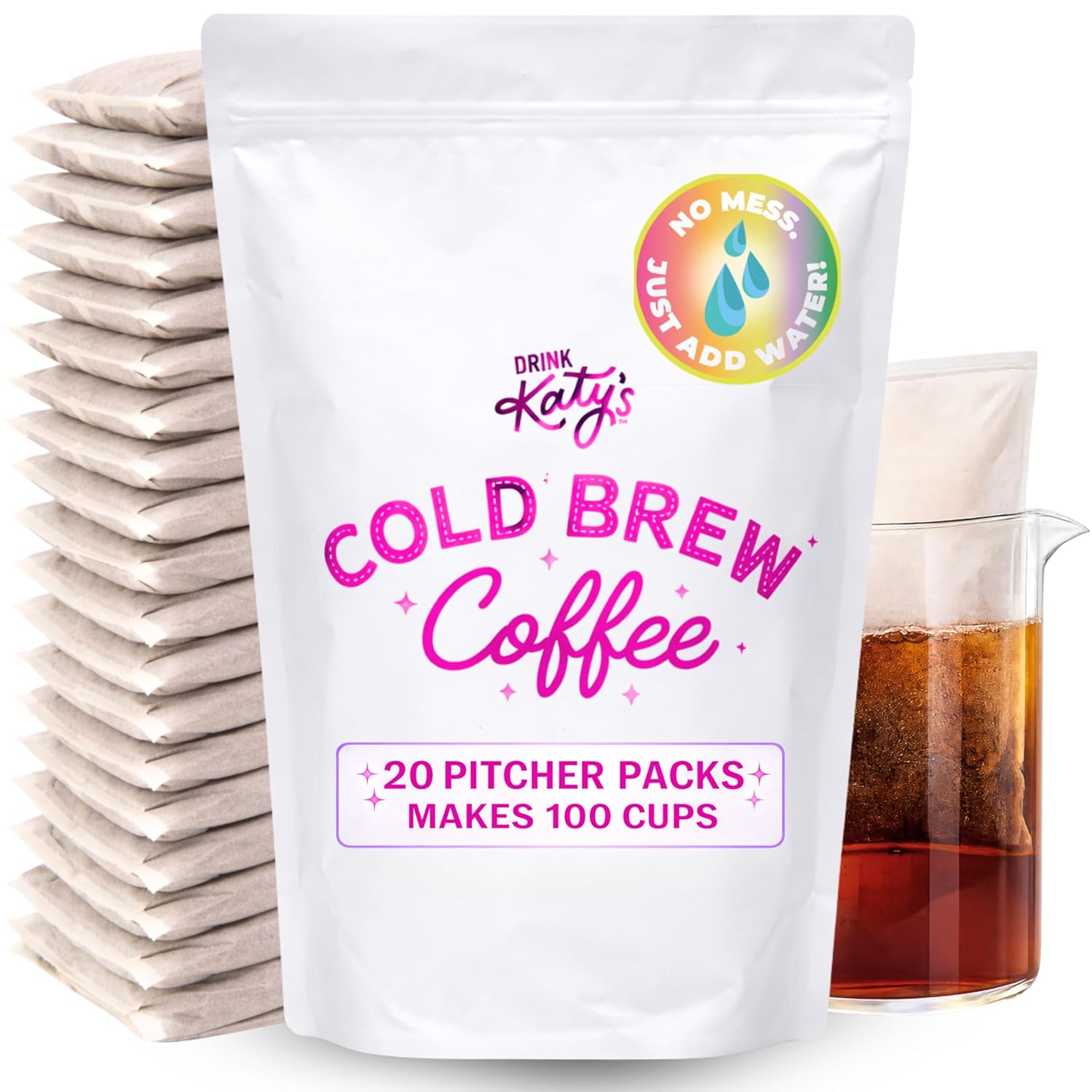Katy’s Cold Brew Coffee Bags (Makes 100 Cups) Smooth, Low-Acid, No Bitter Aftertaste – Medium-Dark Brazil Roast – 20 Large Pitcher Packs – Just Add Water – Woman Owned