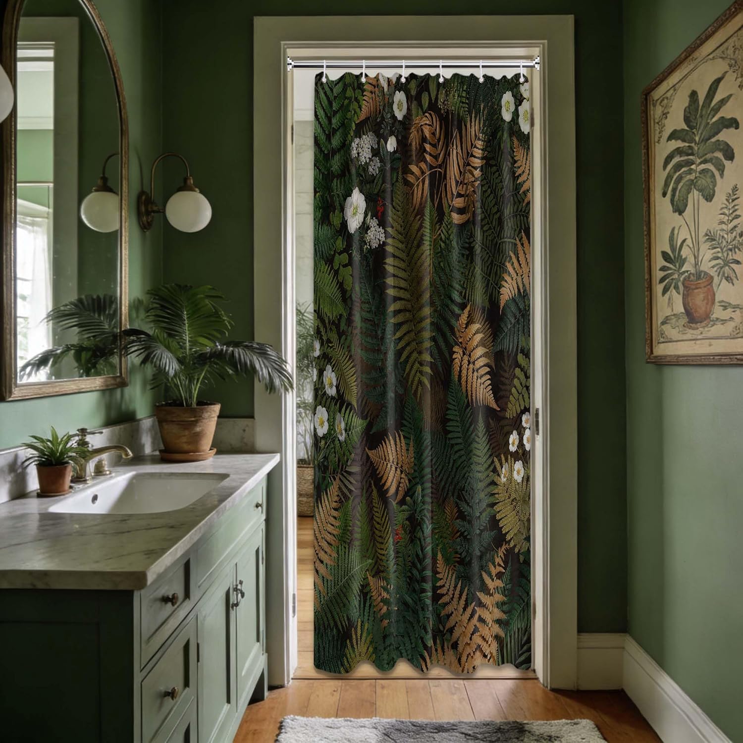 Dark Green Botanical Shower Curtain Vintage Leaf Plant Shower Curtains for Bathroom Decor Set, Waterproof Cloth Fabric with Hooks, 36x72 in