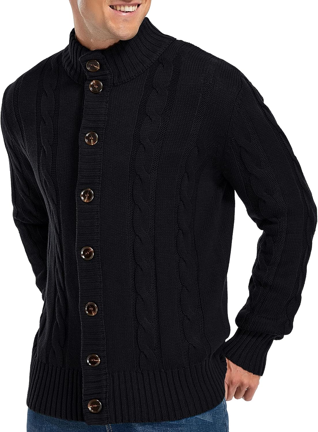 Aimeilgot Mens Fashion Casual Slim Fit Button Down Cable Knitted Stand Collar Cardigan Sweater - Image 5