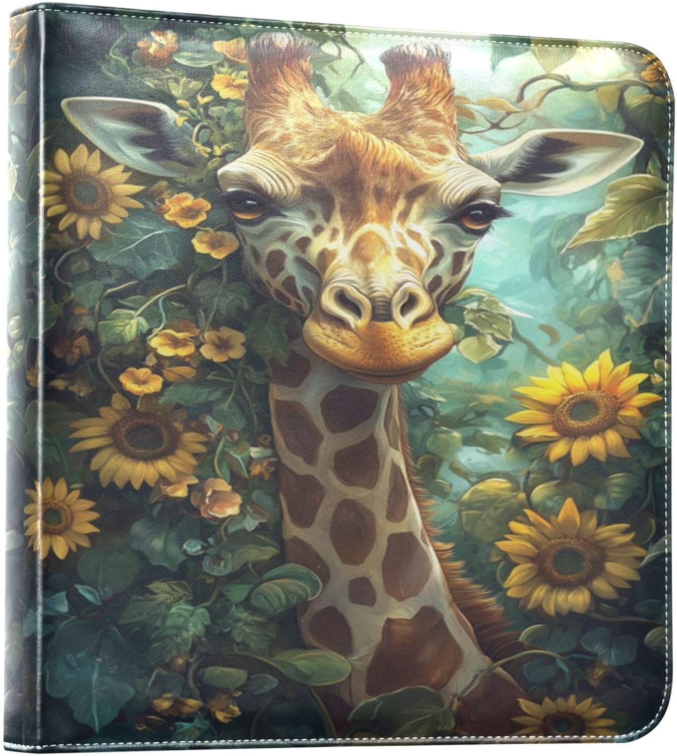 Sunflower Giraffe Portrait Teal Leather Photo Album Self Adhesive Pages Scrapbook Album 3 Ring Binder Waterproof Photo Book for Girls Boys Baby Couples