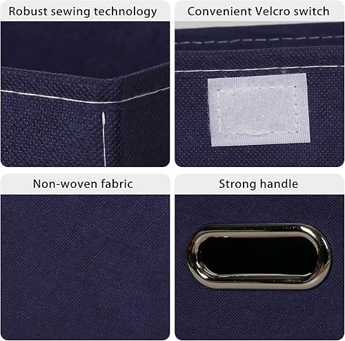 Miniatura 7 de SEVENDOME Cubo de almacenamiento plegable de tela de lino con tapa, asas de cuero, divisor extraíble para el hogar, armario, azul marino, 3 unidades