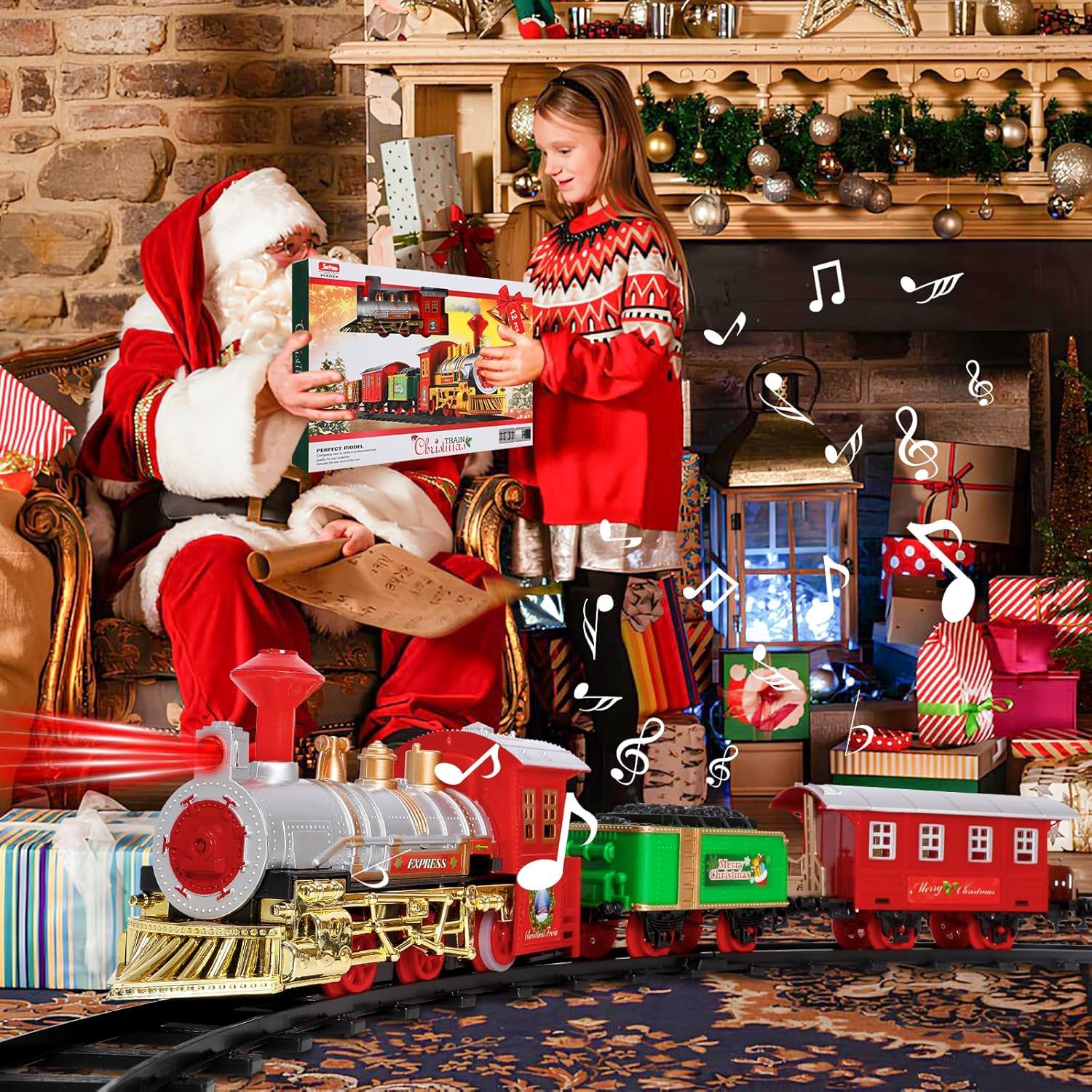 Herenear Elektrische treinspeelgoedset voor kinderen, spoorweg kinderen elektrisch met geluiden, kersttrein om de kerstboom, treinspeelgoed, cadeau voor kinderen vanaf 6 7 8 10 jaar (I