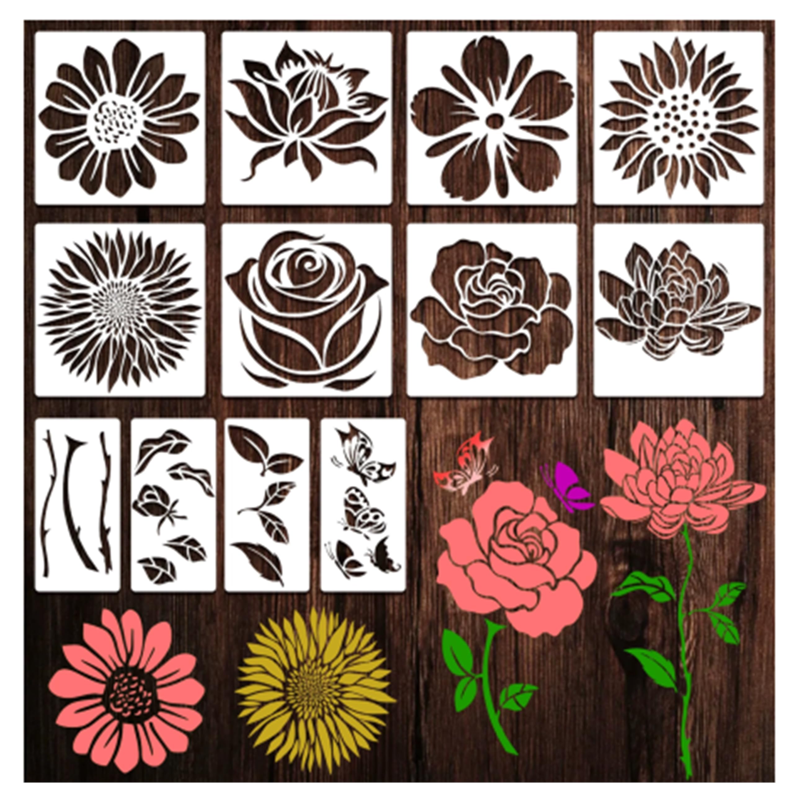 Guijinhao 12 Pcs Flower Large Stencils for Painting, Spray Paint Stencil Set for DIY Art Scrapbook Wall Wood Burning Floor Tile Furniture Canvas Furniture, Wood, Garden, Fabric (C94-12)