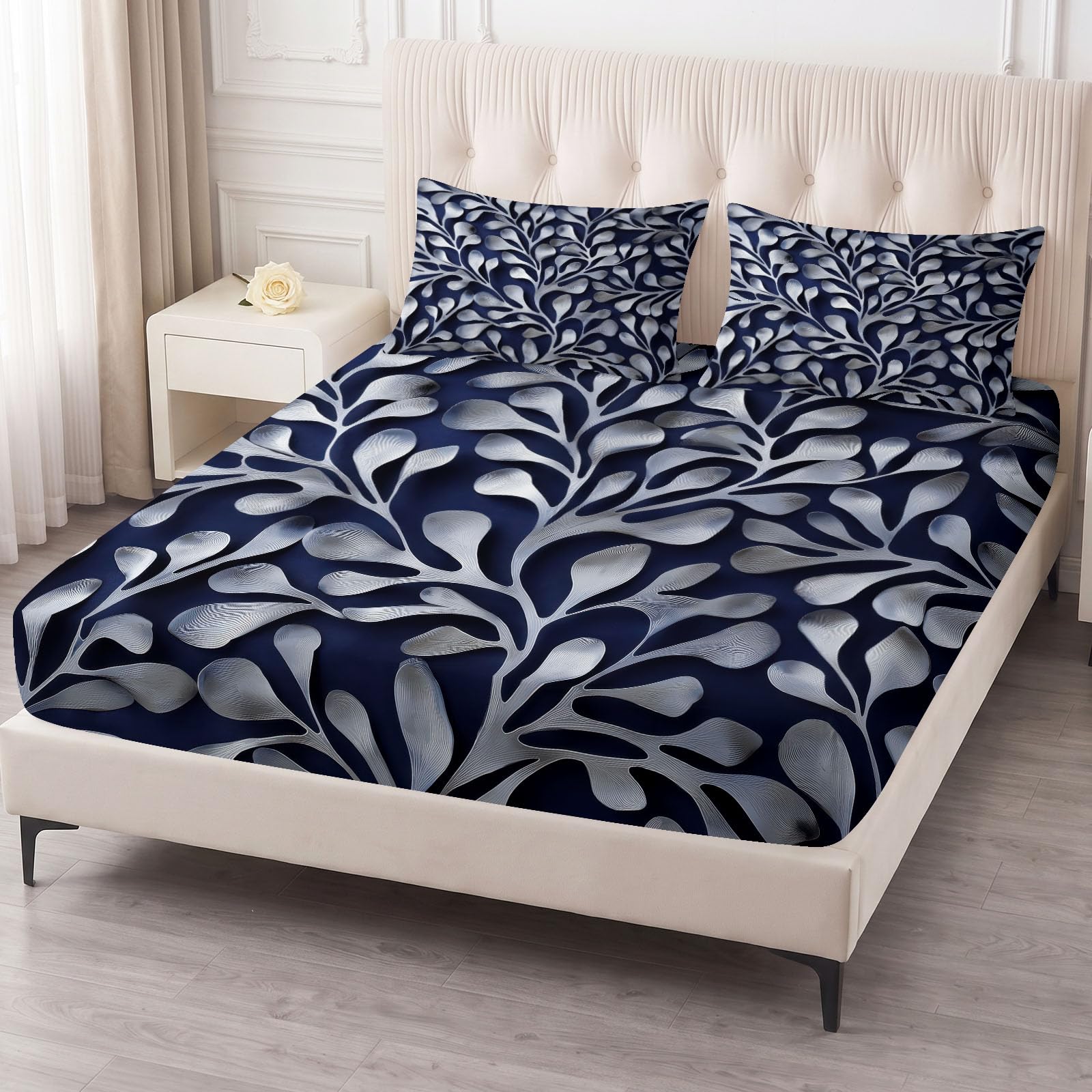 Podwójne prześcieradło z gumką w stylu retro, 135 x 190 cm, miękkie prześcieradło z mikrofibry dla dzieci i nastolatków, odporne na blaknięcie, kieszeń o głębokości 30 cm, czarne rośliny, liście