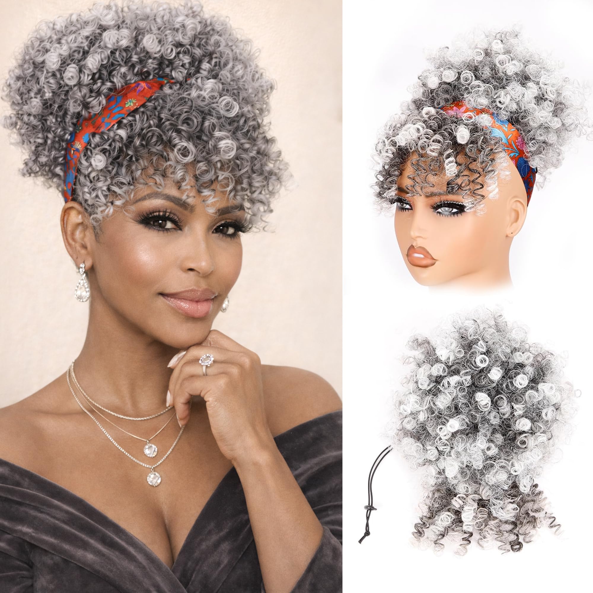 builson Drawstring Ponytail for Black Women, Afro Puff Kinky Curly Hair Ponytail Extension with Bangs Grey Updo Natural Hair Ponytail (GREY)