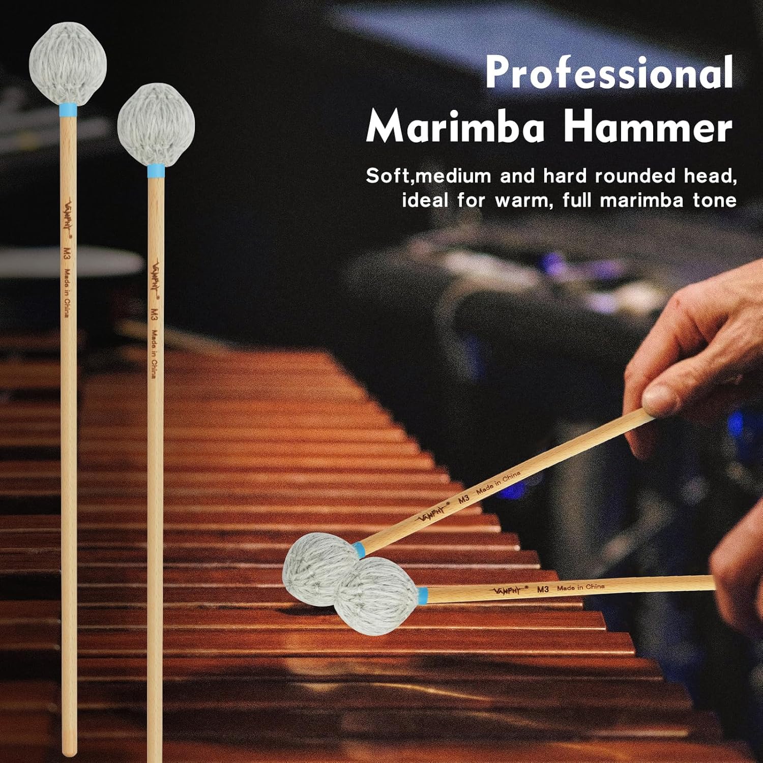 Professional Marimba Mallets -M3 Hard Yarn Heads with Beech Wood Handle Keyboard Percussion Accessories for Xylophone Glockenspiel Vibraphone with Professionals and Advanced Players