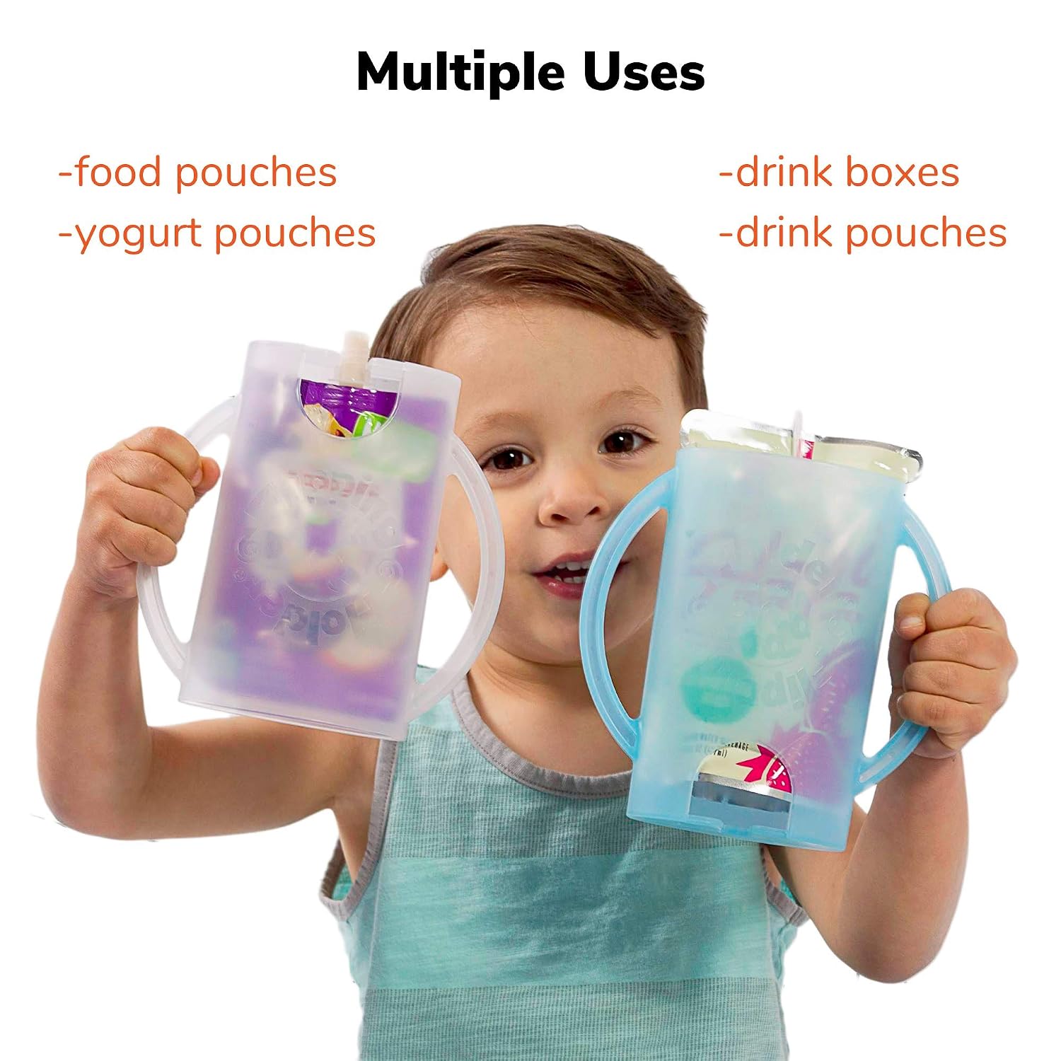 Original Squeeze Proof Flipping Holder 2-Pack with Open Bottom for Food Pouches & Juice Boxes - Multipurpose - Prevent Messes & Support Self-Feeding - Easy Grasping Handles - Made in USA