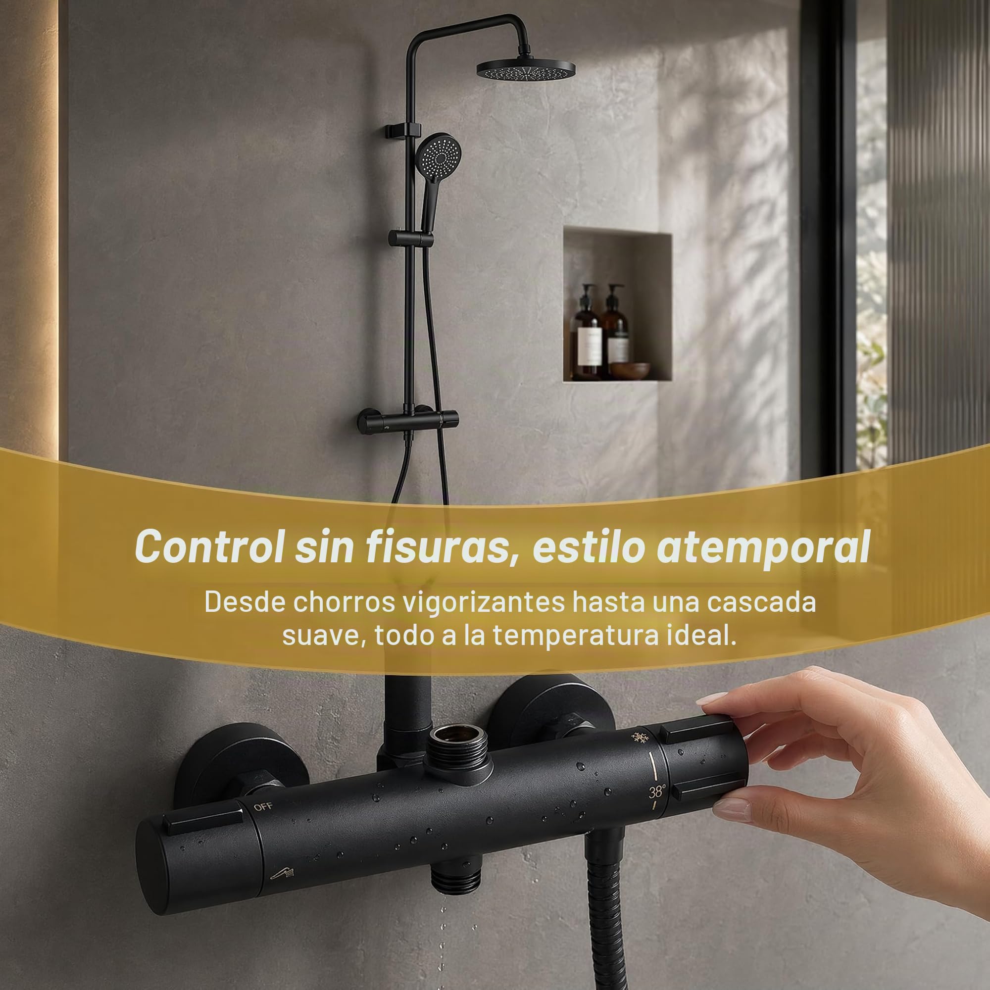 Grifos de Ducha Termostáticos 38 ℃ Termostato de Ducha de Bañera Negro Inferior G 1/2 "Superior 3/4"BSP Grifo de Ducha de dos Salidas Grifo de Ducha Termostático Cromado de Latón