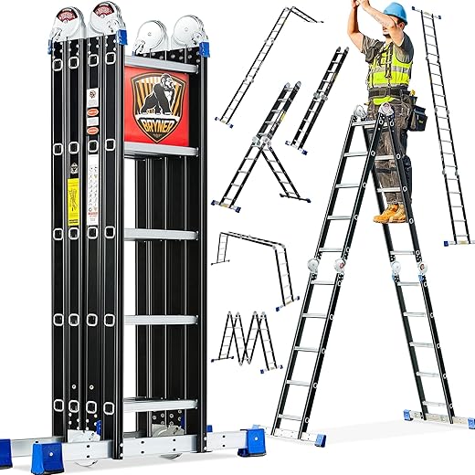 Bryner Folding Step Ladder, 19.6ft , 7 in 1 Multi-Purpose Folding Adjustable Telescoping Aluminium Extension Ladders, 530lbs