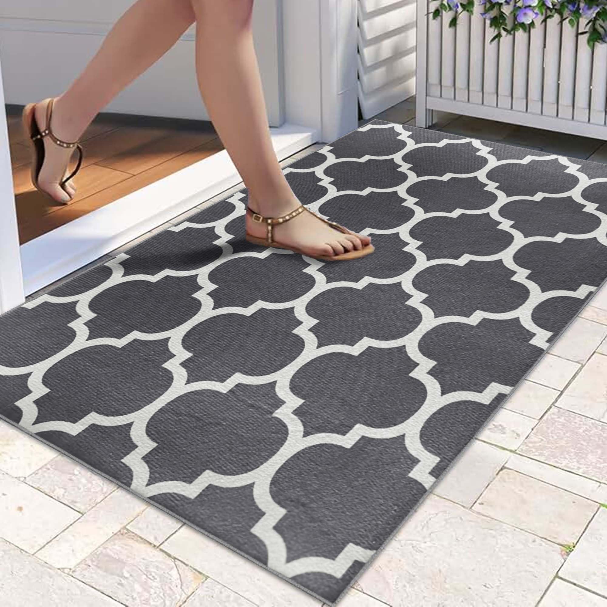 Hafaa Door mats 80 x 150 cm Non Slip Grey Mats for Kitchen Floor Soft Heavy Duty Doormats Inside Stylish Printed Welcome Front Doormat Dirt Trapper Indoor Outdoor Mat (Ava Grey)