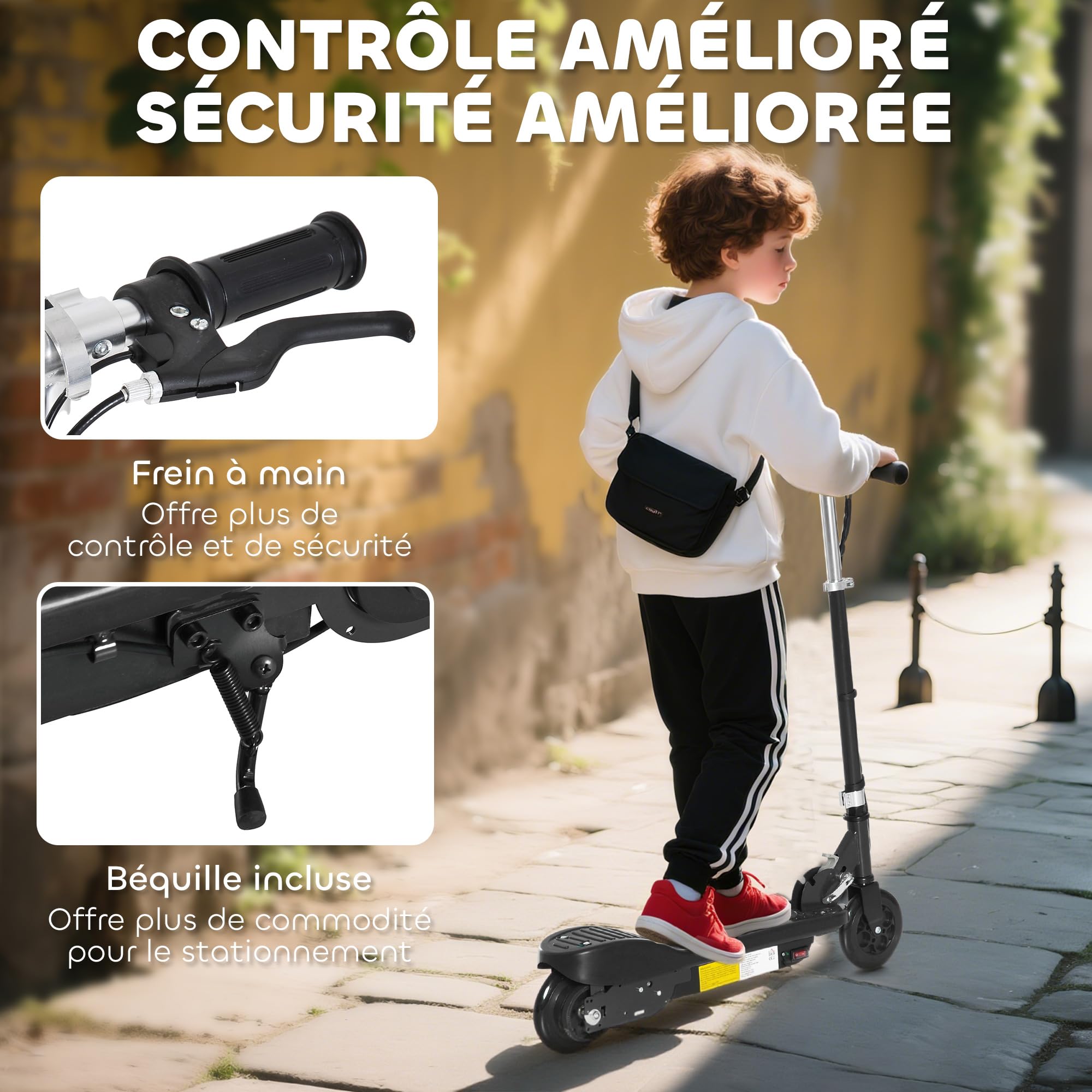 HOMCOM Trottinette électrique pour Enfants 7-14 Ans Pliable Noir | Hauteur Réglable, Batterie Rechargeable 24V, Vitesse Jusqu'à 12 km/h, Charge de Freinage 50 kg, 74x36x69-91 cm