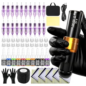 Tattoo Gun Kit Wireless Tattoo Machine Kit Complete Tattoo Kit Rotary Battery Pen Tattoo Machine with LED Digital Display 20PCS Cartridge Needles Tattoo Ink Set Tattoo Supplies for Beginners