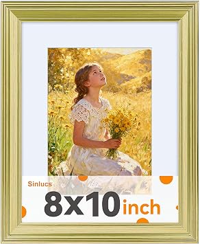 8x10 Picture Frame, Gold Picture Frame Displays 5x7 with Mat or 8x10 Without Mat, Vertical Horizontal Wall & Tabletop Ornate Vintage Frame with HD Plexiglass