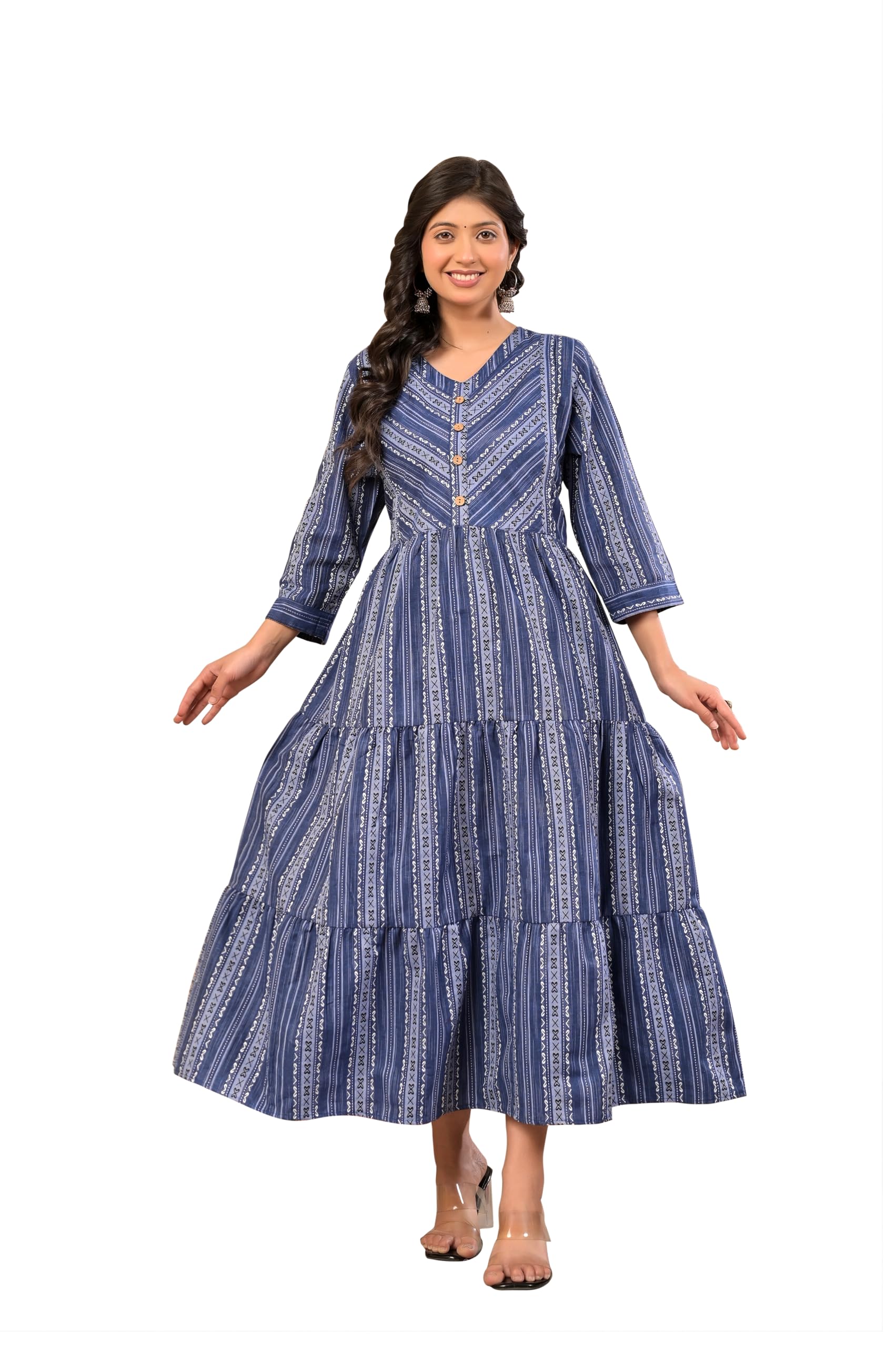 negen Women's Maroon Printed Tiered Midi Dress, V-Neck with 3/4 Sleeves, Ethnic Stripe Pattern-picture-19