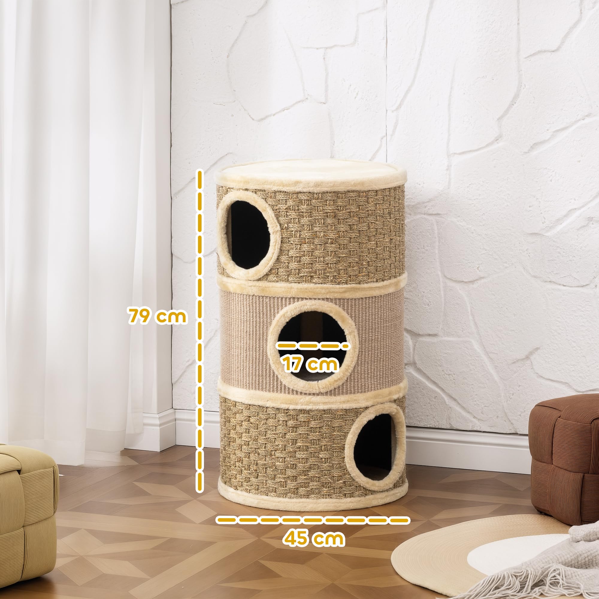 PawHut Tiragraffi per gatti, altezza 79 cm, diametro 45 cm, con corda in sisal a a 3 ripiani, per gatti grandi, cachi e caffè