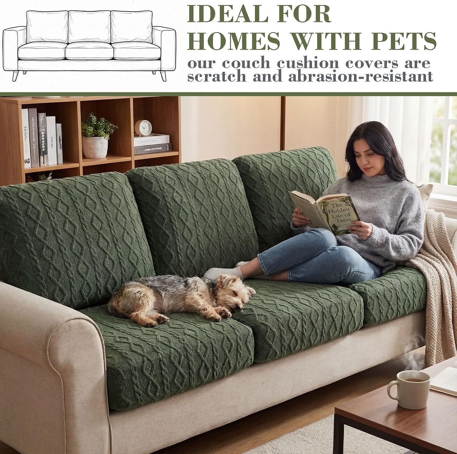 Gilprop 3 Pcs Couch Cushion Covers for Sofa Stretch Jacquard Cable Knit Seat Cover Washable Sofa Slip Cover with Elastic Bottom Washable Modern Furniture Protector for Sectional Slipcover (Green)