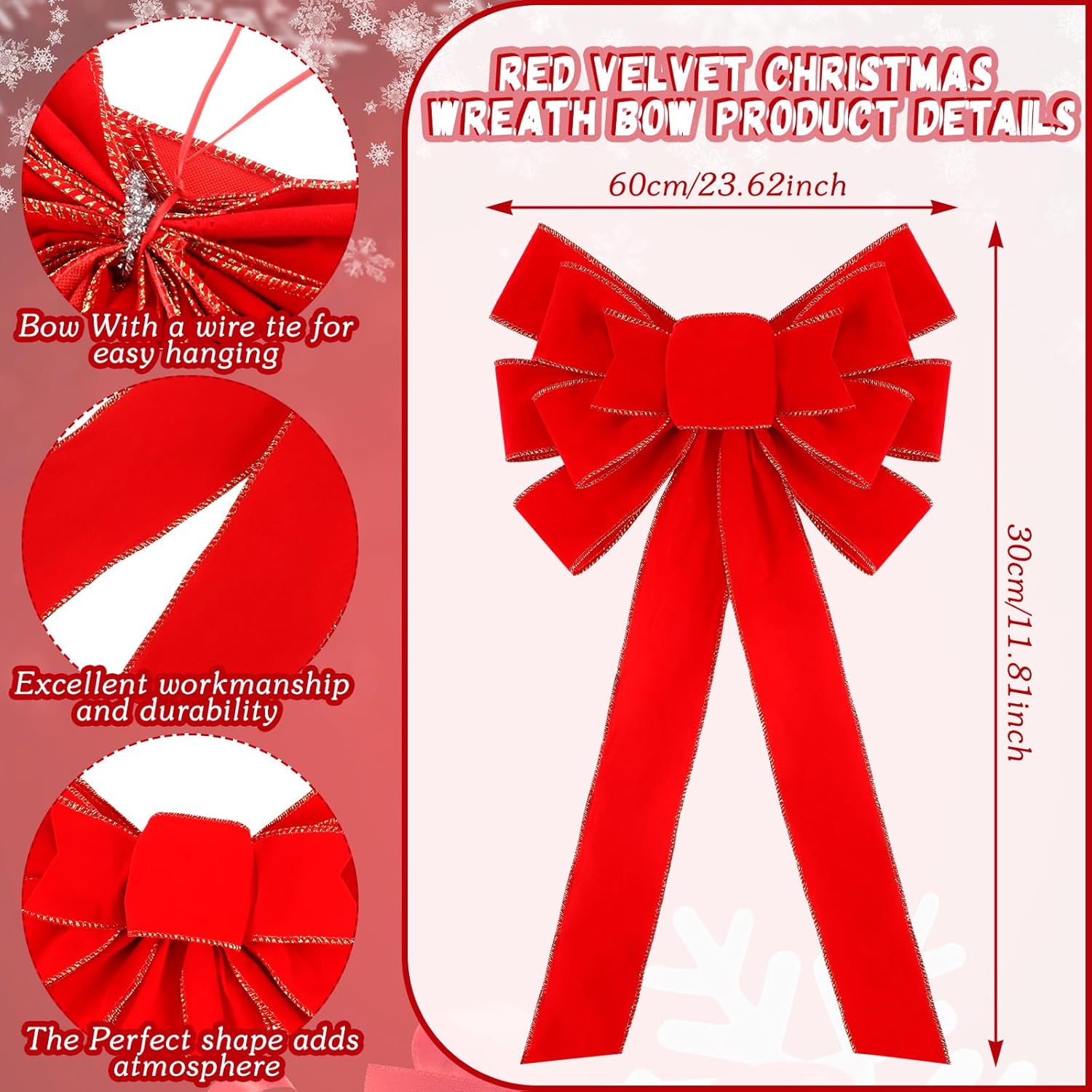 Riceshoot 12 Pcs Red Christmas Bows Outdoor Decorations, 12" x 24" Large Christmas Tree Topper Bow, Velvet Wreath Bow with Glitter Gold Edge for Xmas Home Front Door Decor